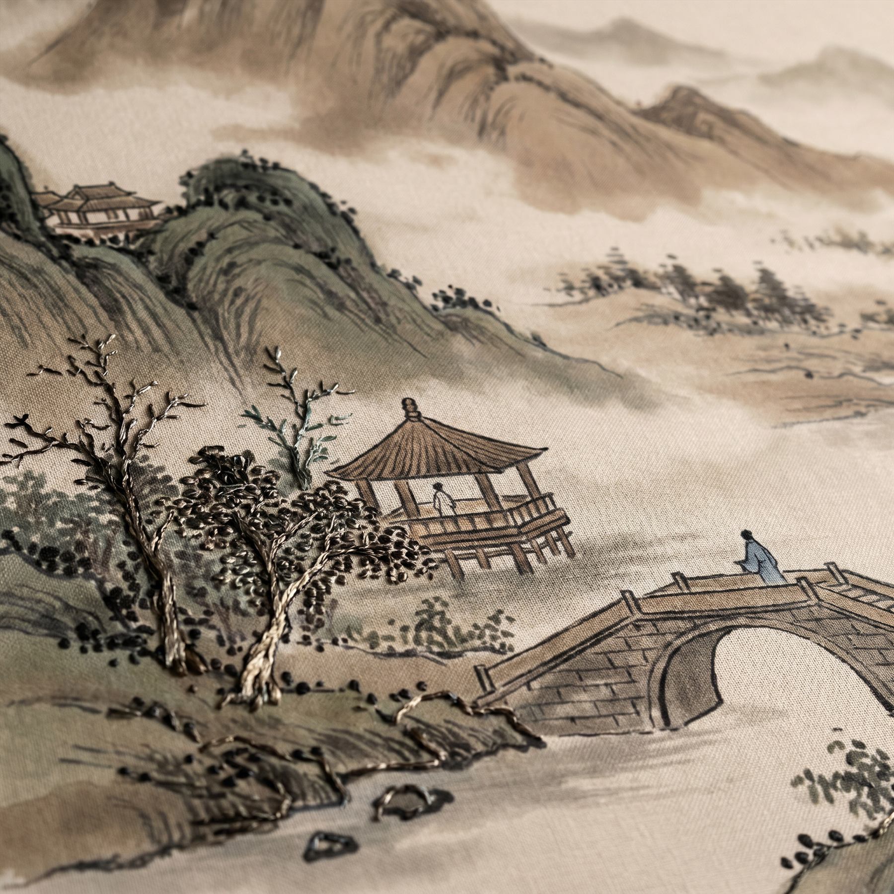 Ink-Wash Landscape Material Detail - Print with Hand Embroidery 1