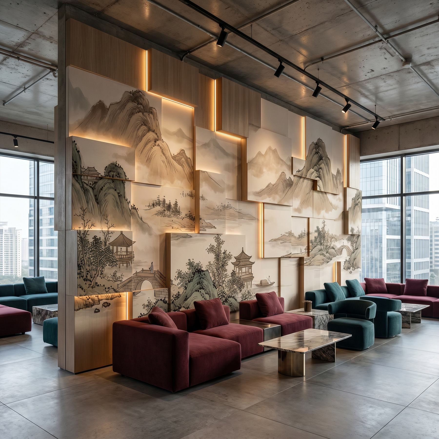 Ink-Wash Landscape for Commercial Spaces Misty Mountains Sepia - 12 Art Installation Wall