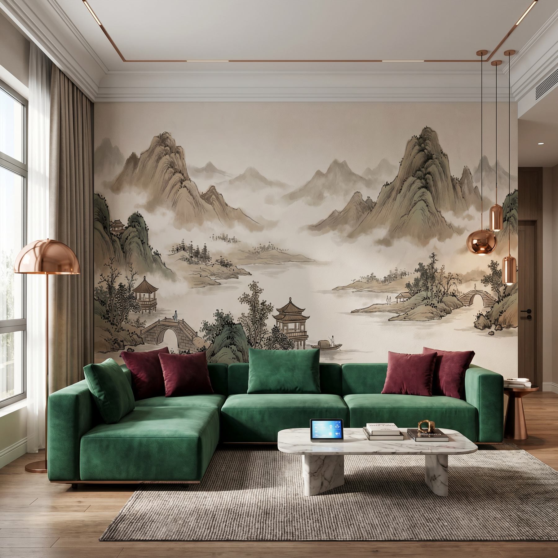 Ink-Wash Landscape for Commercial Spaces Misty Mountains Sepia - 6 Five-Star Hotel Suite Living Room
