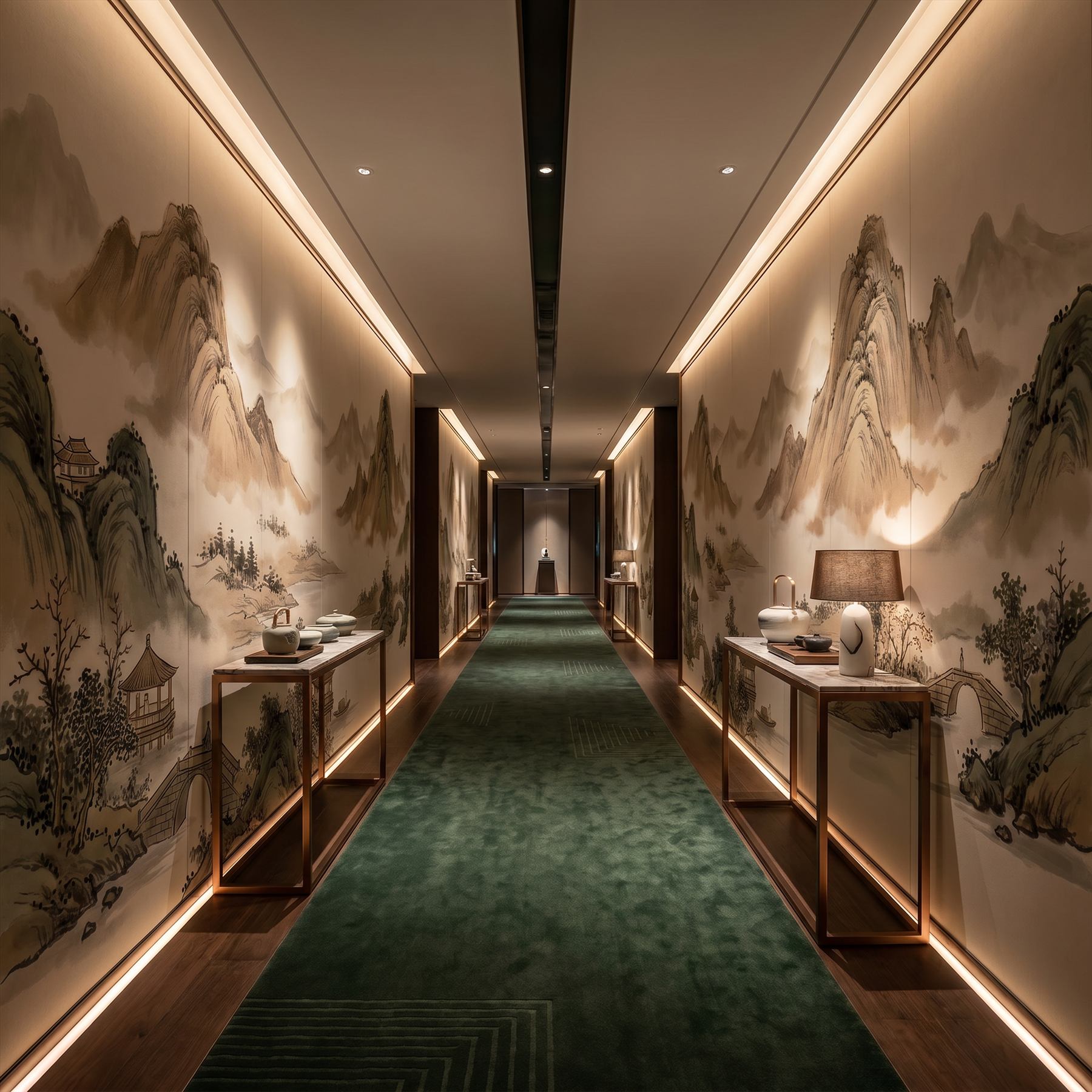 Ink-Wash Landscape for Commercial Spaces Misty Mountains Sepia - 4 Hotel Corridor