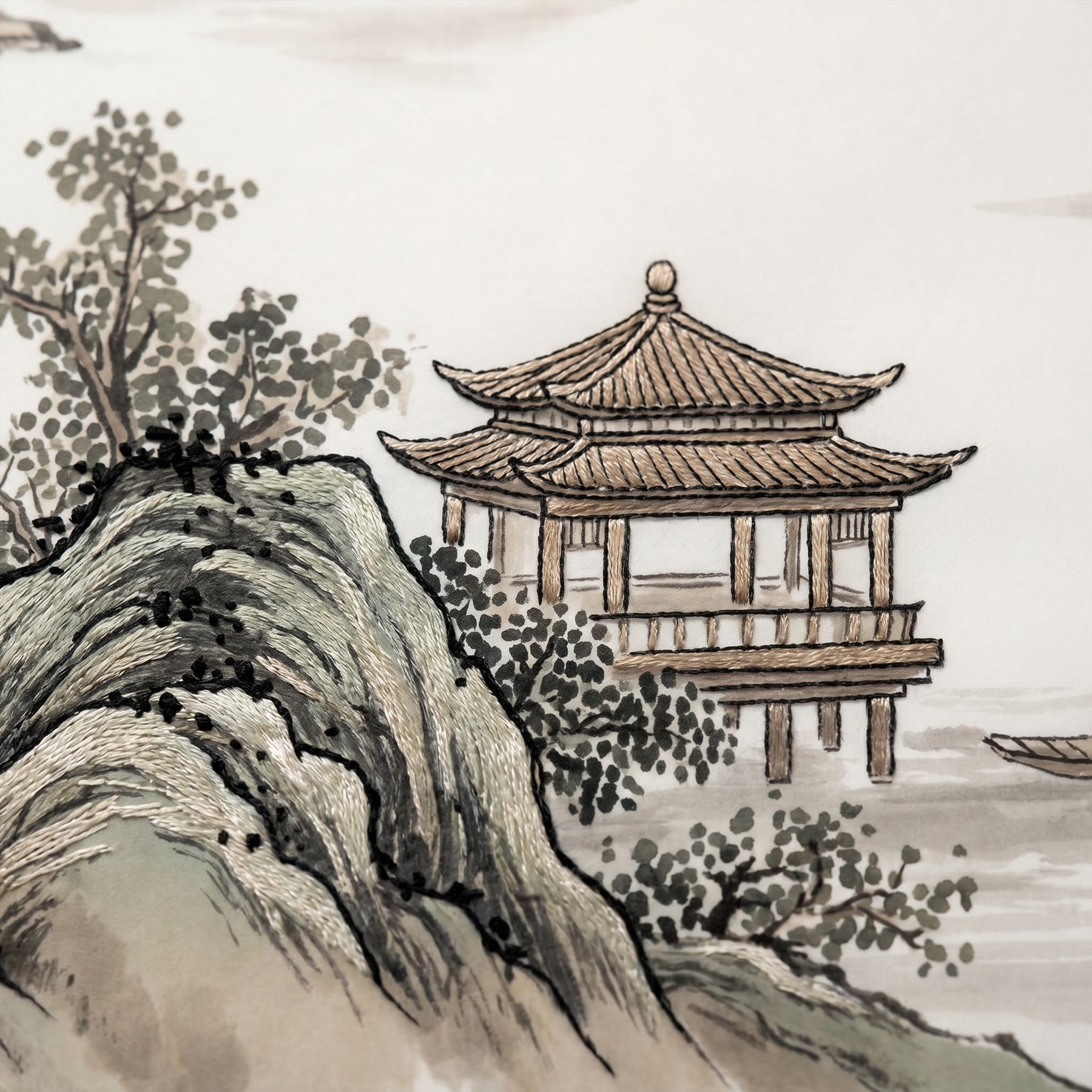 Ink-Wash Landscape Material Detail - Print with Hand Embroidery 2