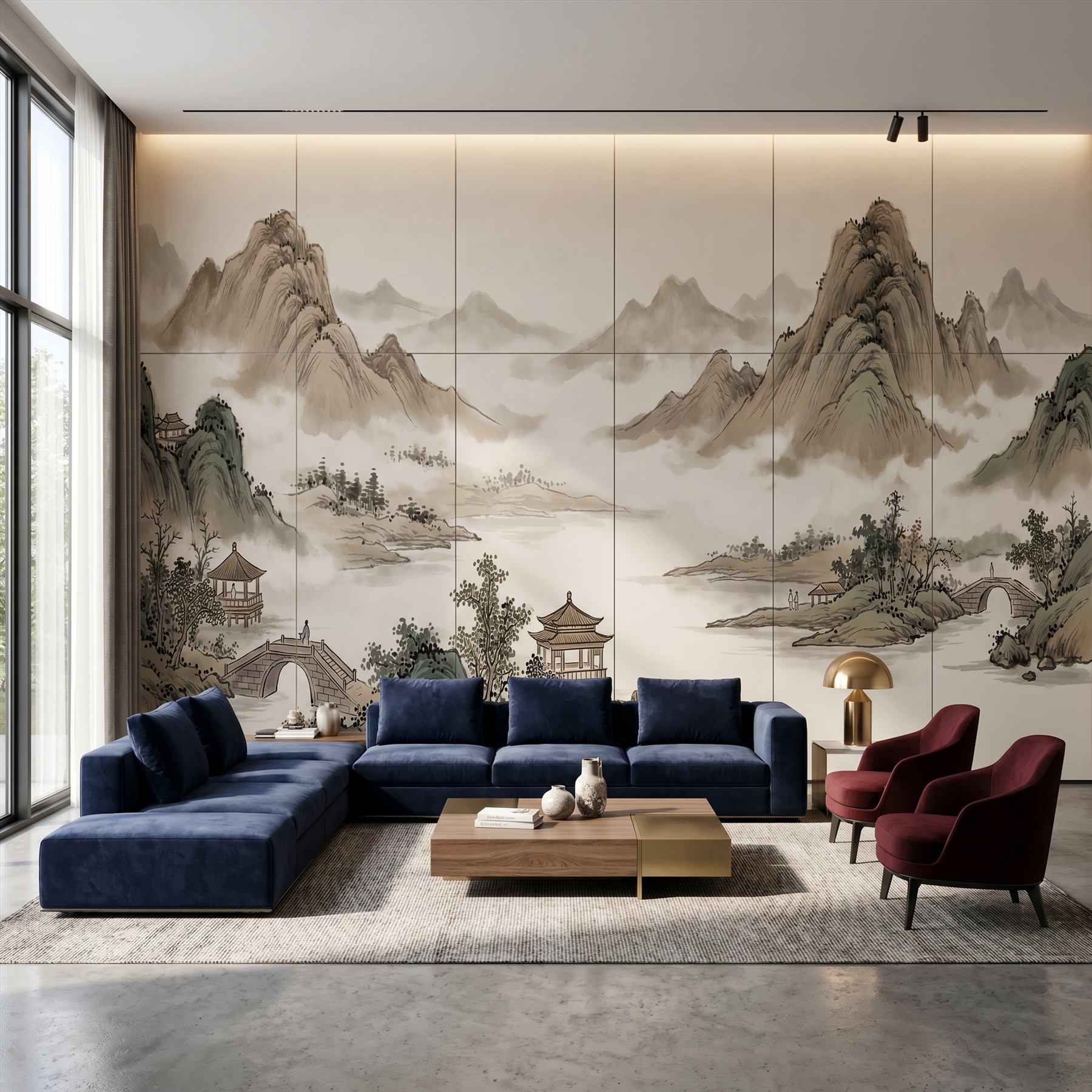 Ink-Wash Landscape for Commercial Spaces Misty Mountains Sepia - 1 Modern Luxury Living Room