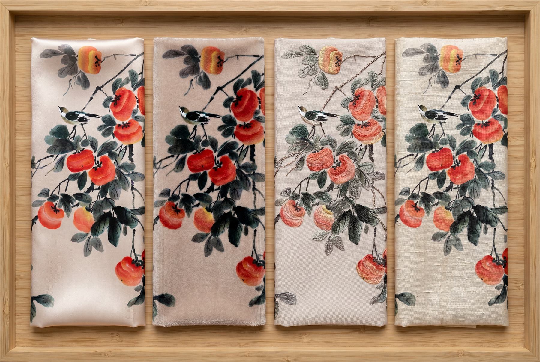 Ink-Wash Persimmon Birds Oriental Botanical Elegance - Material Comparison Display