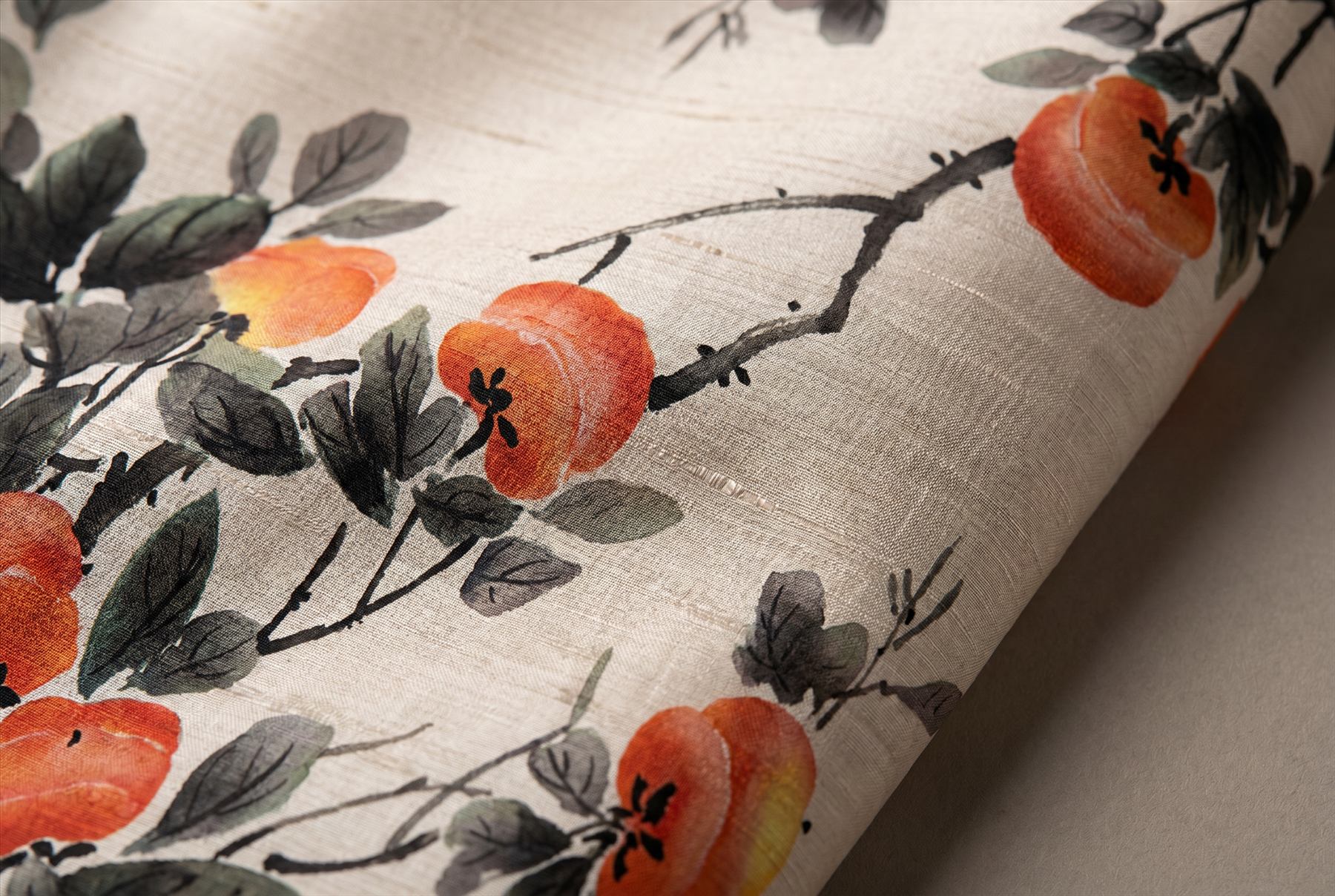 Ink-Wash Persimmon Birds Oriental Botanical Elegance - Ultra-Fine Gongbi Double Palace Silk Print Detail 1