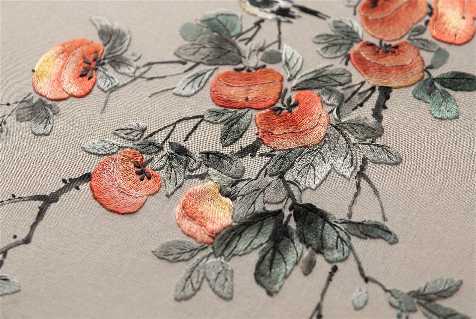 Ink-Wash Persimmon Birds Oriental Botanical Elegance - Print with Fine Line Embroidery Detail 2