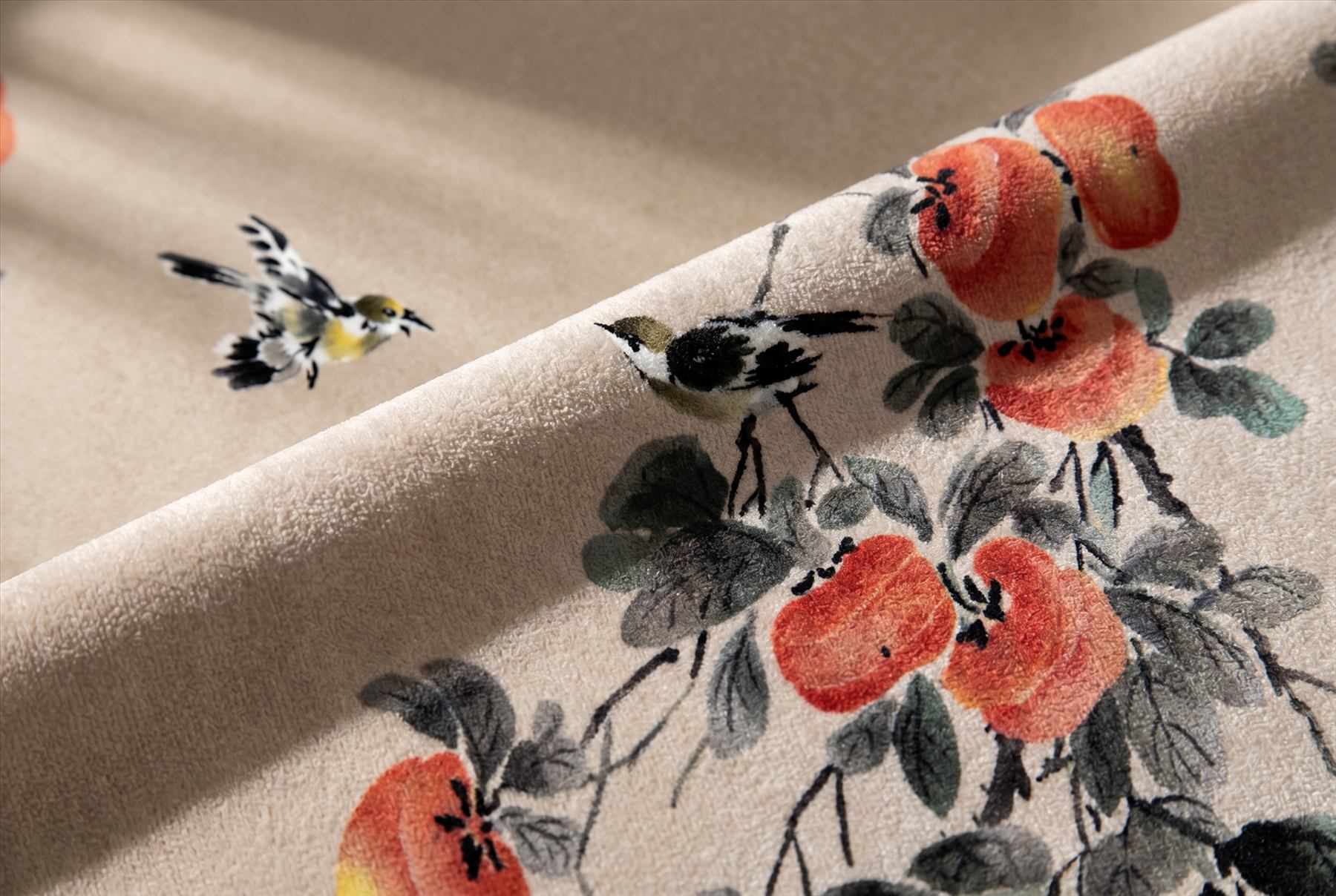 Ink-Wash Persimmon Birds Oriental Botanical Elegance - Ultra-Fine Chenille Print Detail 2