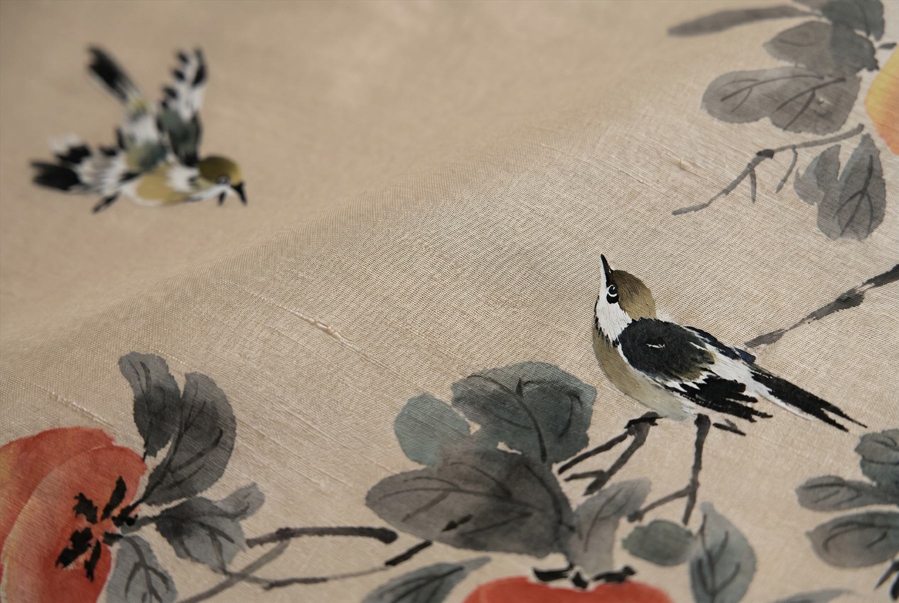 Ink-Wash Persimmon Birds Oriental Botanical Elegance - Ultra-Fine Gongbi Double Palace Silk Print Detail 2