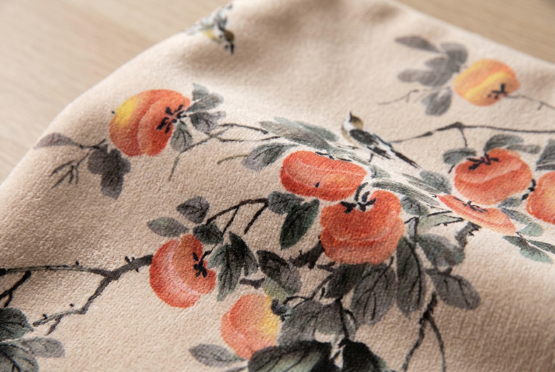 Ink-Wash Persimmon Birds Oriental Botanical Elegance - Ultra-Fine Chenille Print Detail 1