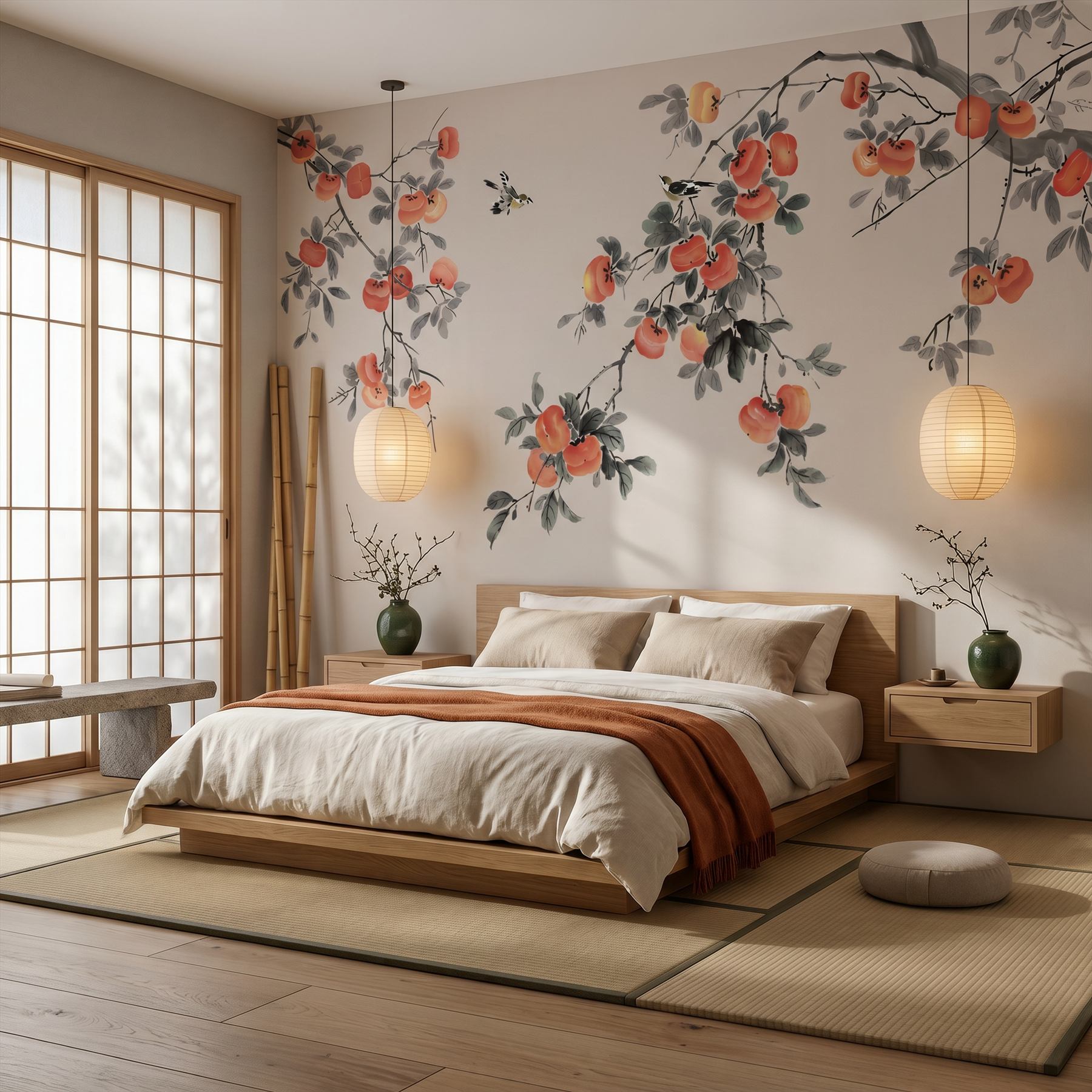 Ink-Wash Persimmon Birds Oriental Botanical Elegance - 禅意卧室