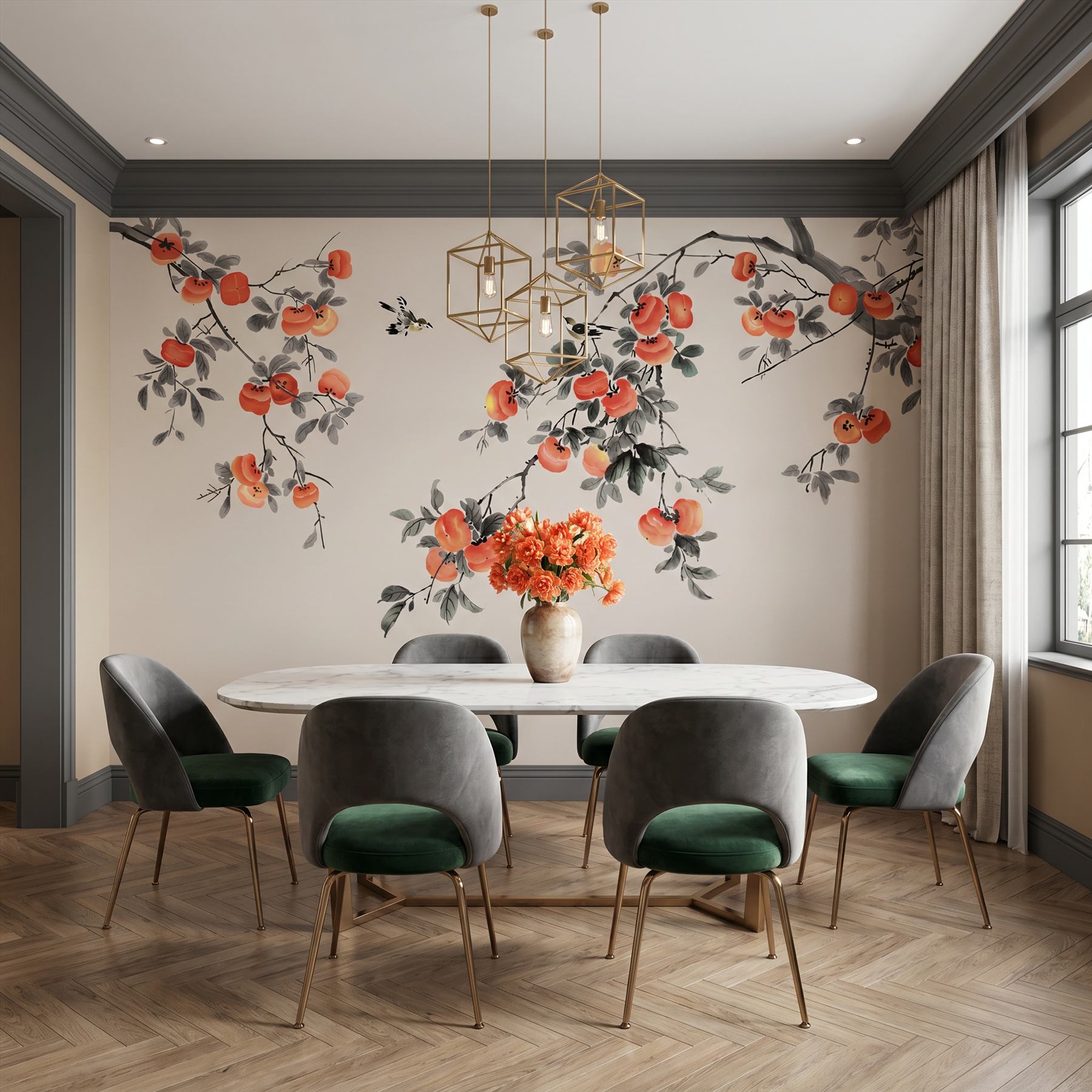 Ink-Wash Persimmon Birds Oriental Botanical Elegance - 轻奢餐厅