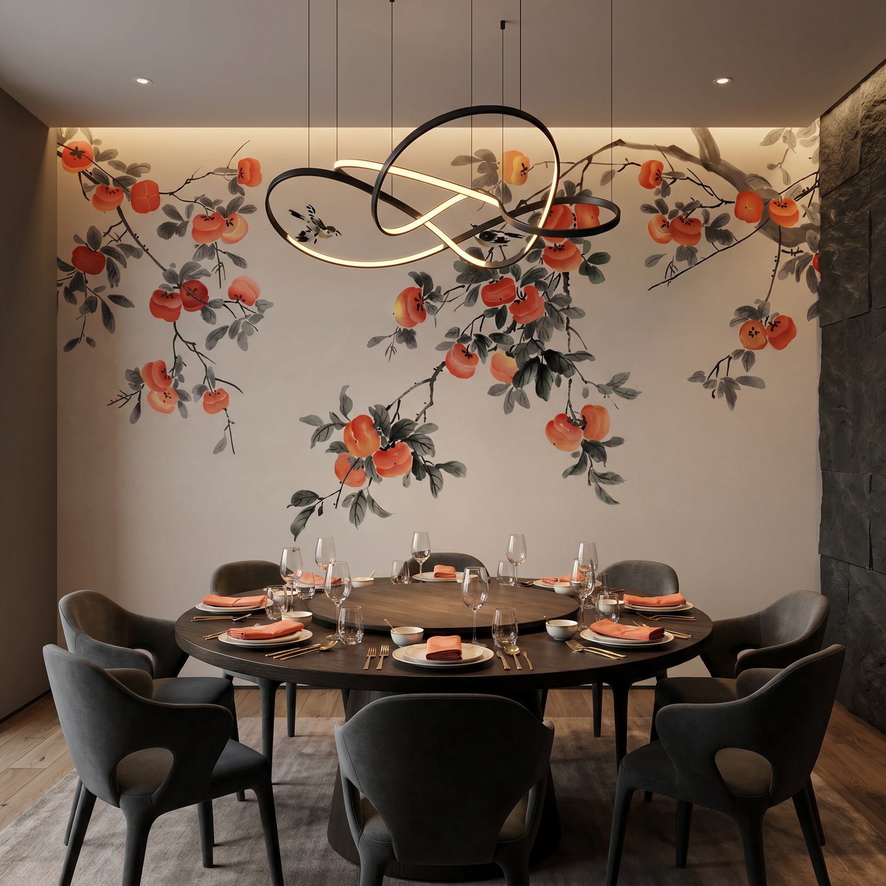 Ink-Wash Persimmon Birds Oriental Botanical Elegance - 米其林餐厅包间