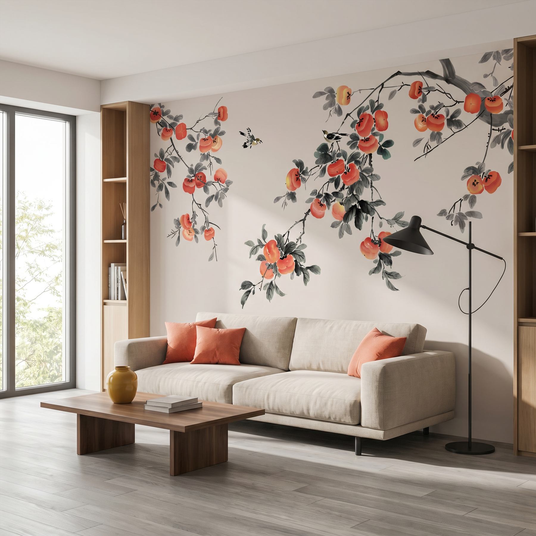 Ink-Wash Persimmon Birds Oriental Botanical Elegance - 现代简约客厅