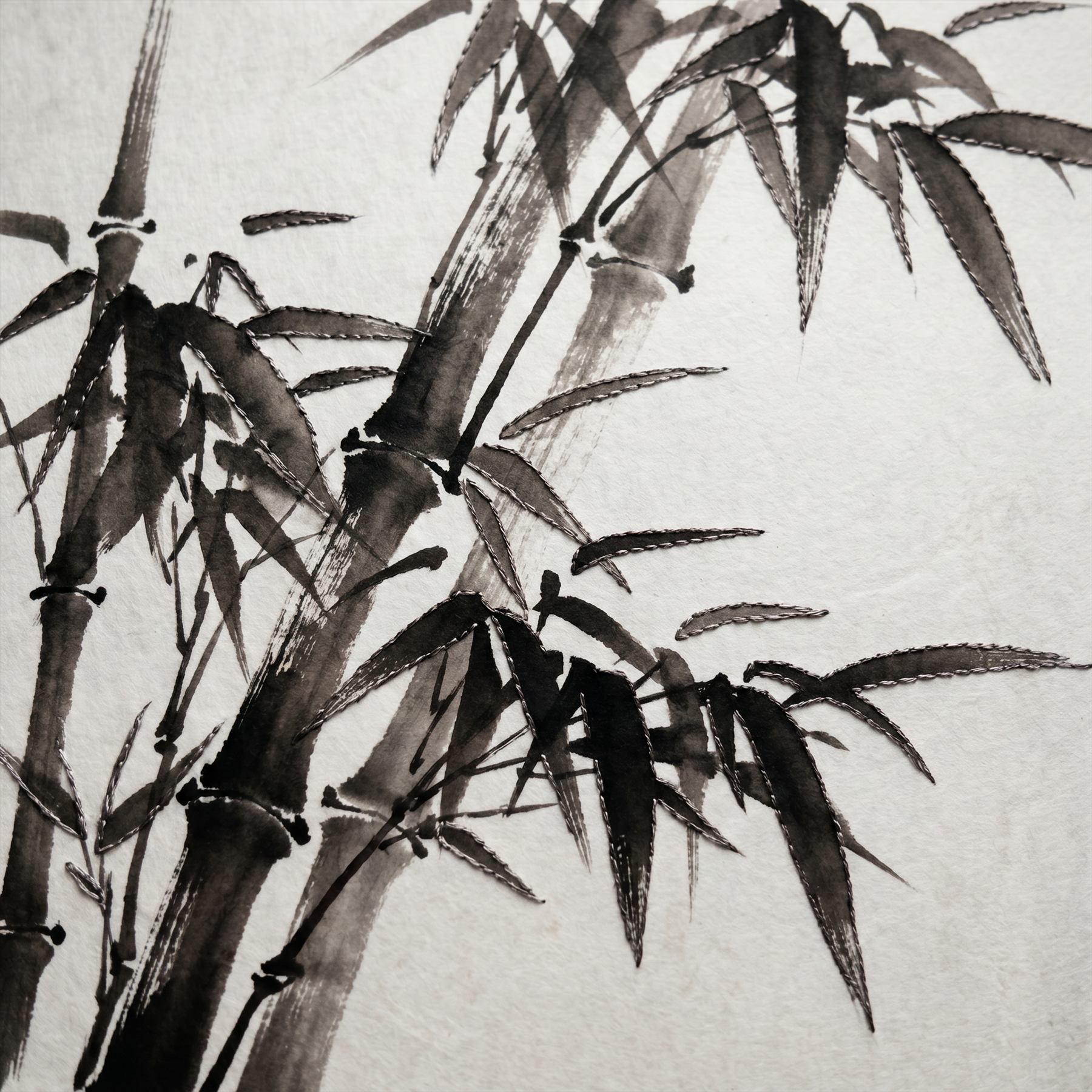 Minimalist Ink Wash Bamboo Neutral Zen - Material Detail 5 - Embroidery Close-up