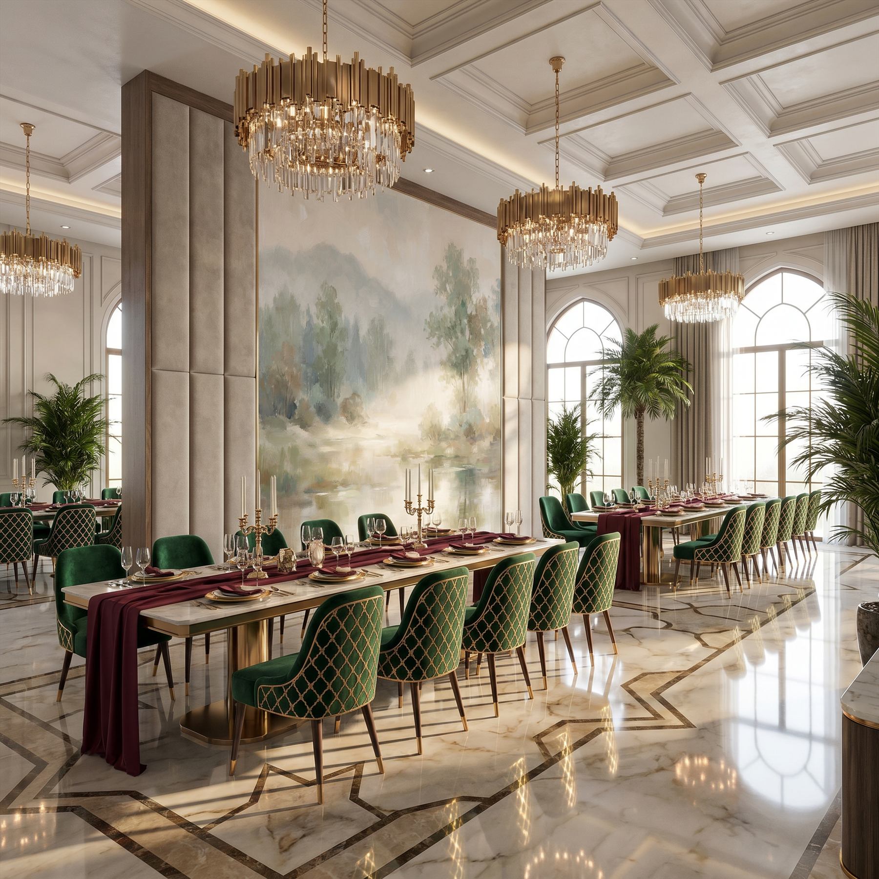 Impressionist Misty Landscape for Commercial Space Sage Green Beige Palette - Middle Eastern Banquet Hall - Upholstered Partition Wall