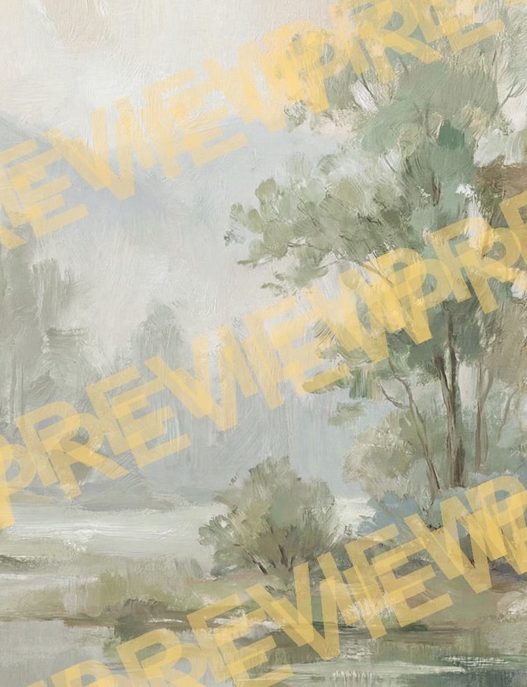 Misty Impressionist Landscape for Commercial Space Sage Green Beige Palette - Detail Crop 2
