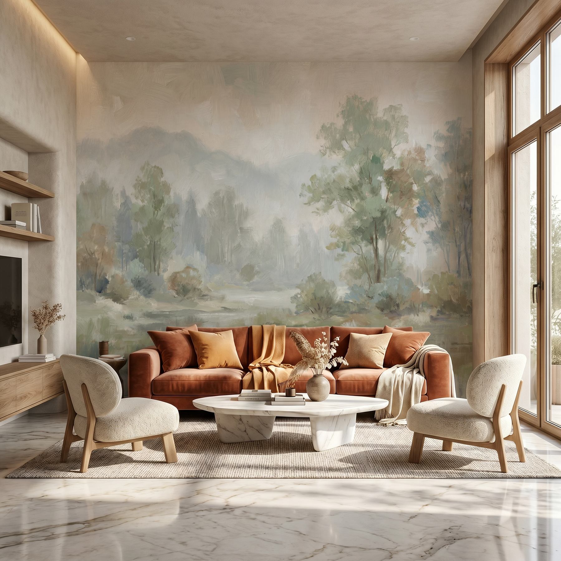 Impressionist Misty Landscape for Commercial Space Sage Green Beige Palette - Modern Luxury Living Room - Wall Mural
