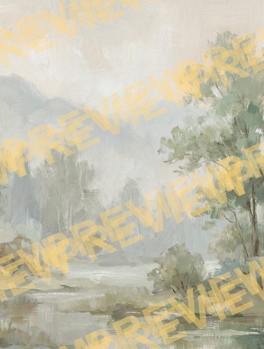 Misty Impressionist Landscape for Commercial Space Sage Green Beige Palette - Detail Crop 3