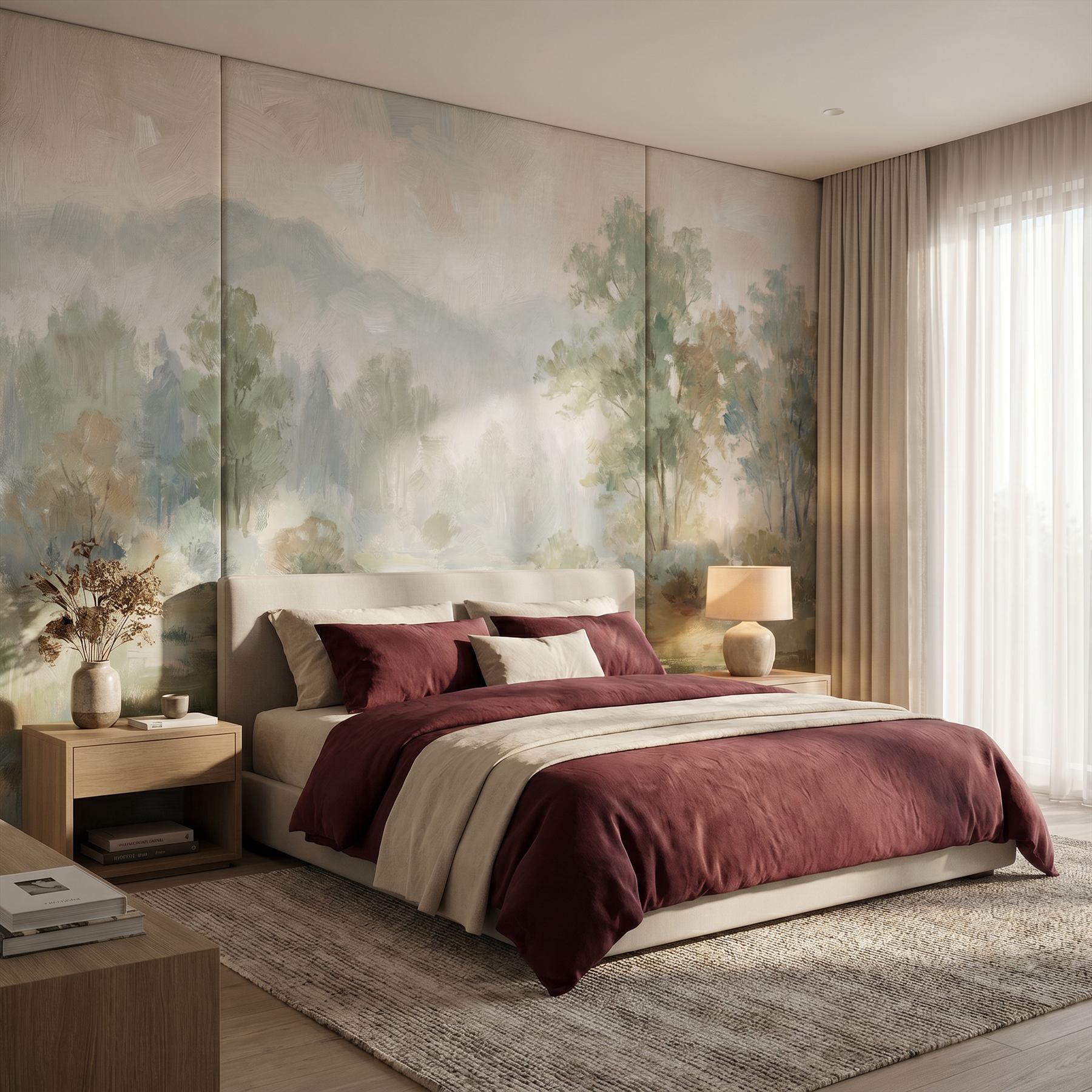 Impressionist Misty Landscape for Commercial Space Sage Green Beige Palette - Master Bedroom Headboard - Upholstered Panel