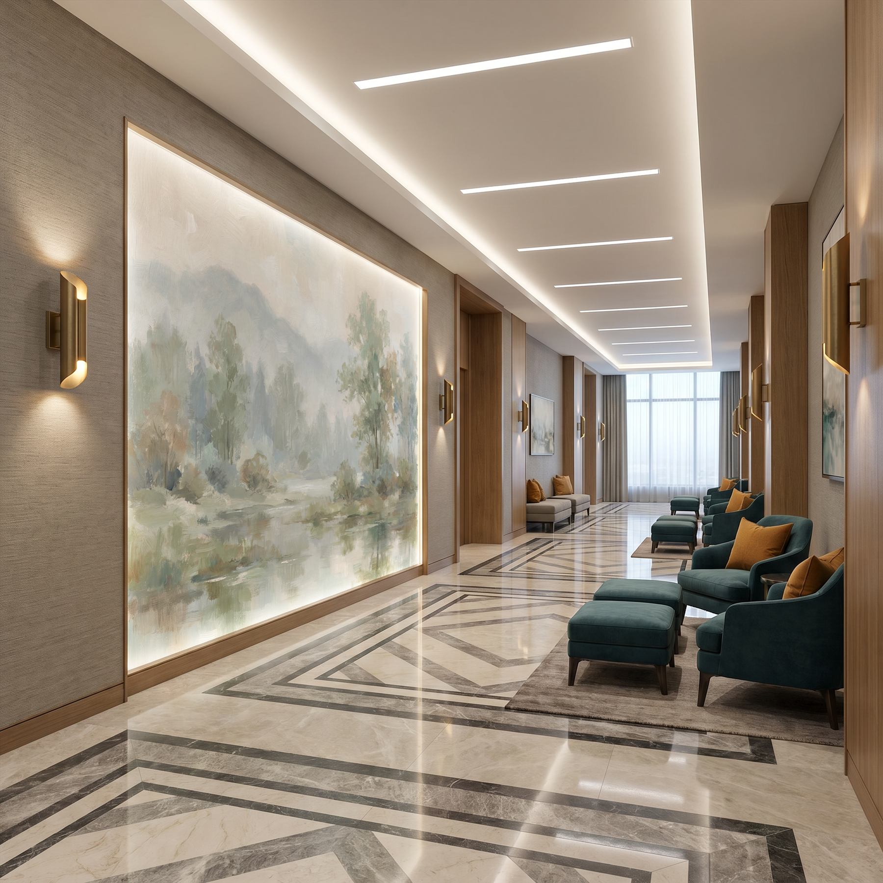 Impressionist Misty Landscape for Commercial Space Sage Green Beige Palette - Hotel Corridor - Decorative Wall Panel
