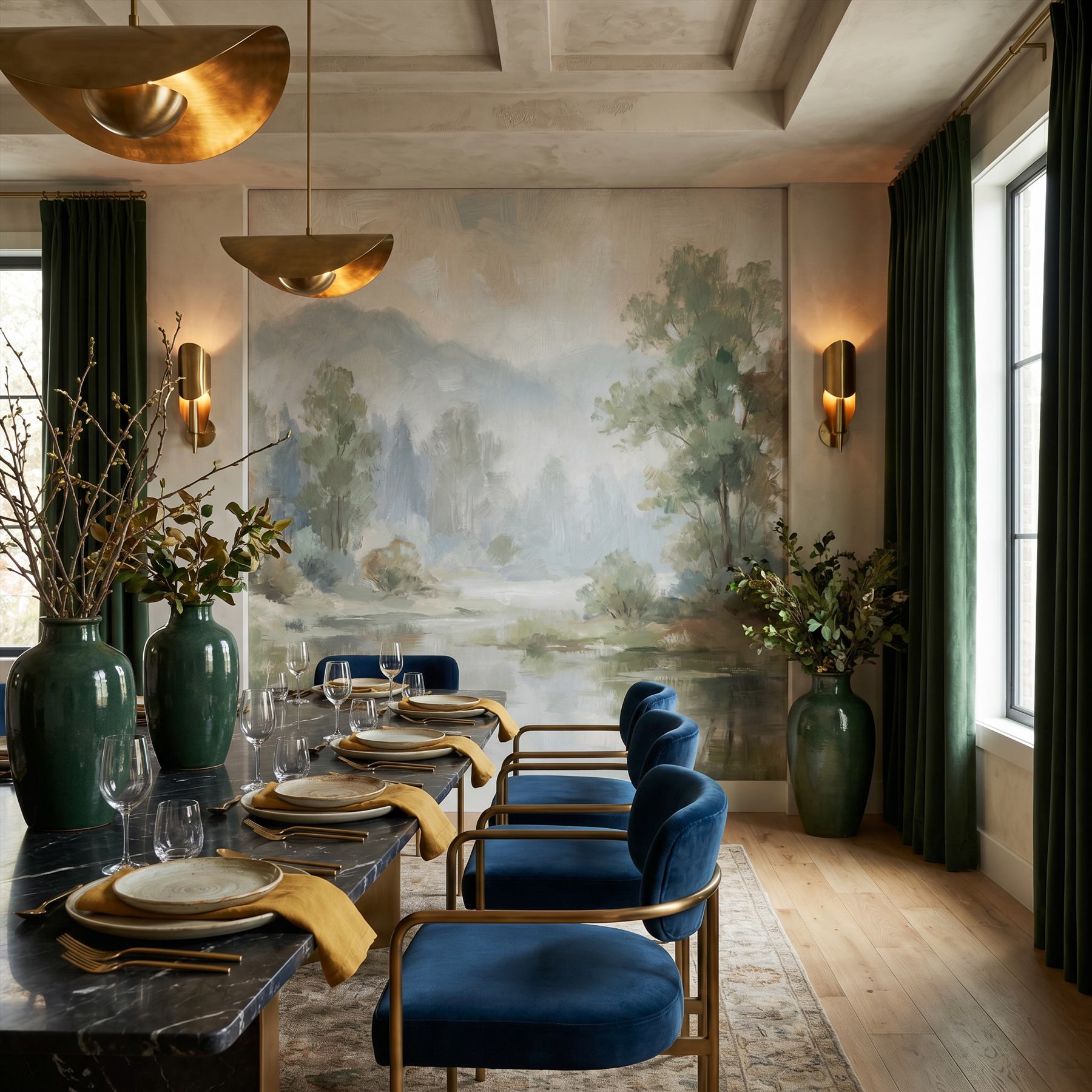 Impressionist Misty Landscape for Commercial Space Sage Green Beige Palette - High-End Restaurant Private Room - Upholstered Wall Panel