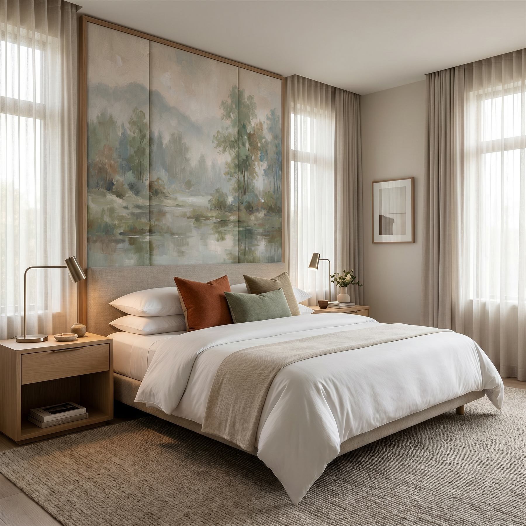 Impressionist Misty Landscape for Commercial Space Sage Green Beige Palette - Five-Star Hotel Guest Room - Headboard Panel