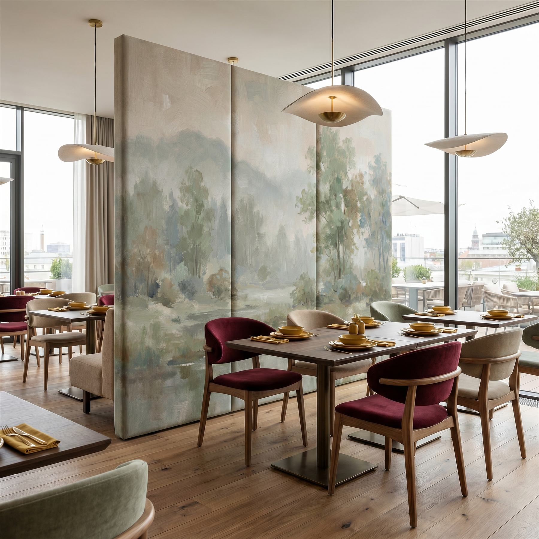 Impressionist Misty Landscape for Commercial Space Sage Green Beige Palette - Contemporary Restaurant Dining Area - Upholstered Divider