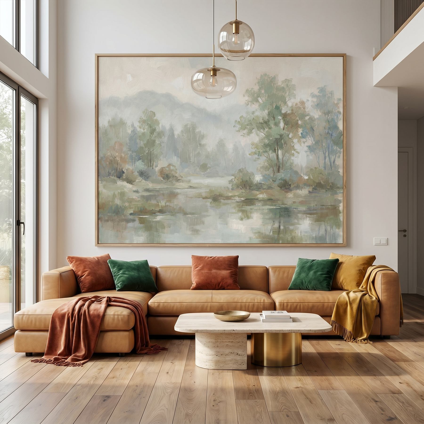 Impressionist Misty Landscape for Commercial Space Sage Green Beige Palette - Villa Living Room - Feature Wall