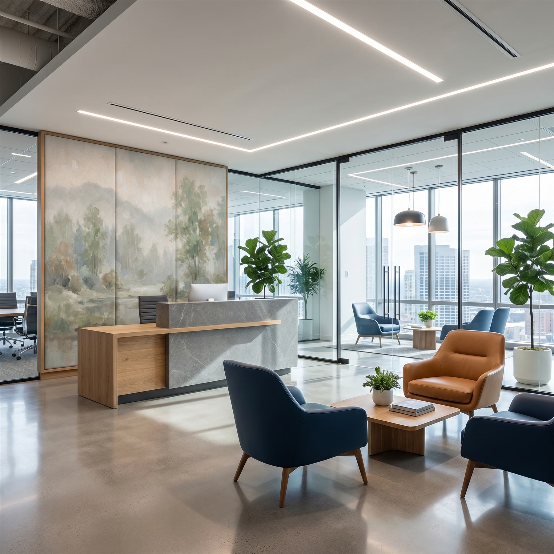 Impressionist Misty Landscape for Commercial Space Sage Green Beige Palette - Modern Office Reception - Upholstered Screen