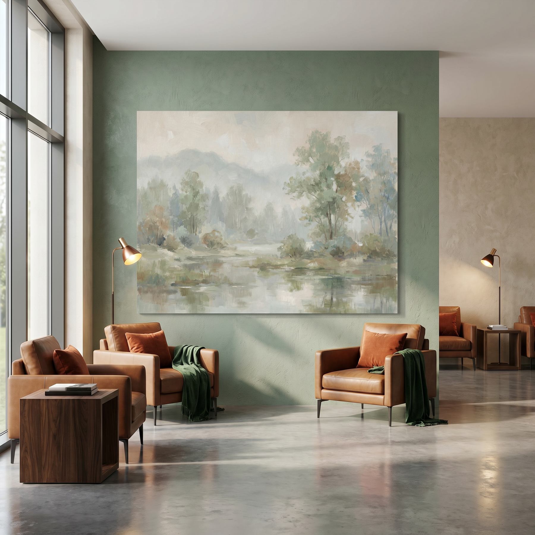 Impressionist Misty Landscape for Commercial Space Sage Green Beige Palette - Business Club Lounge - Feature Wall