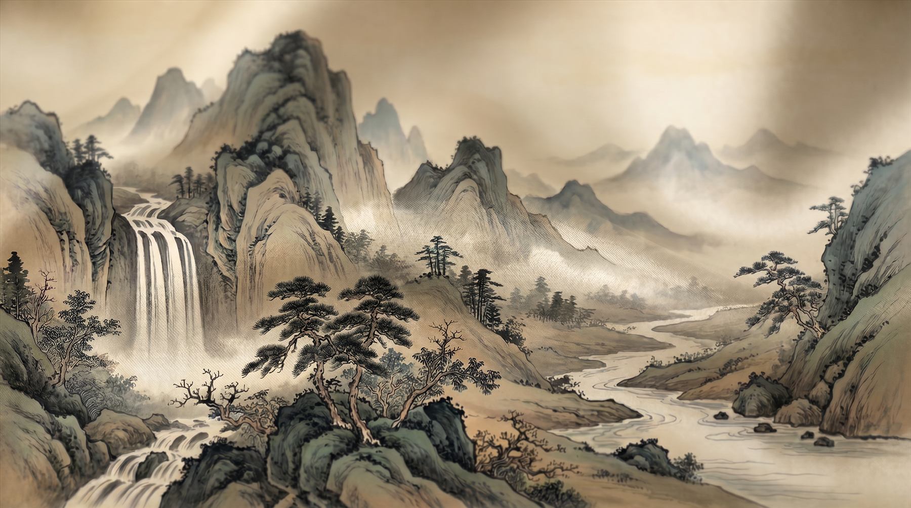 Oriental-Ink-Landscape Commercial-Interiors Warm-Earth-Tones - Silk-Print-Detail-01
