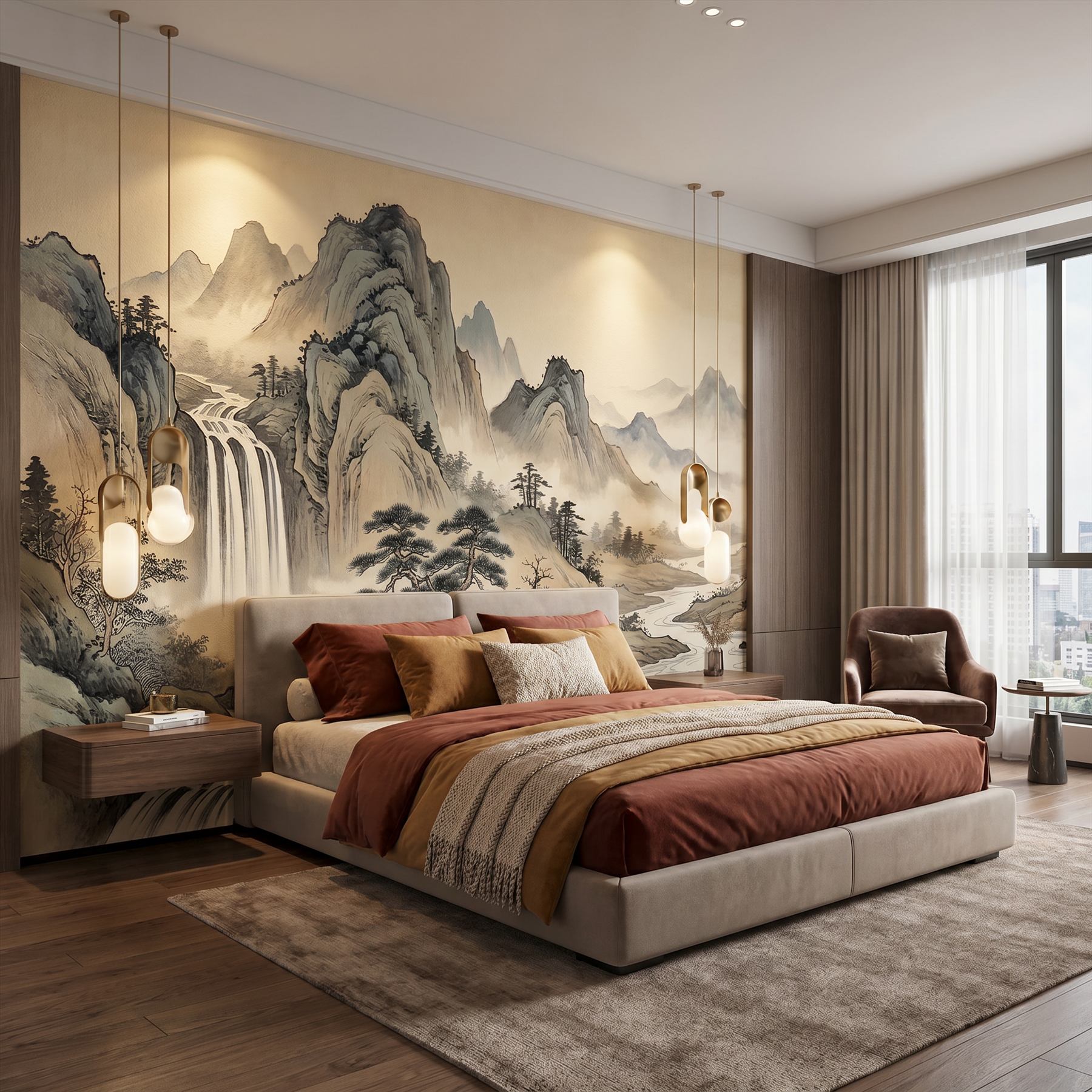 Oriental-Ink-Landscape Commercial-Interiors Warm-Earth-Tones - Boutique-Hotel-Room