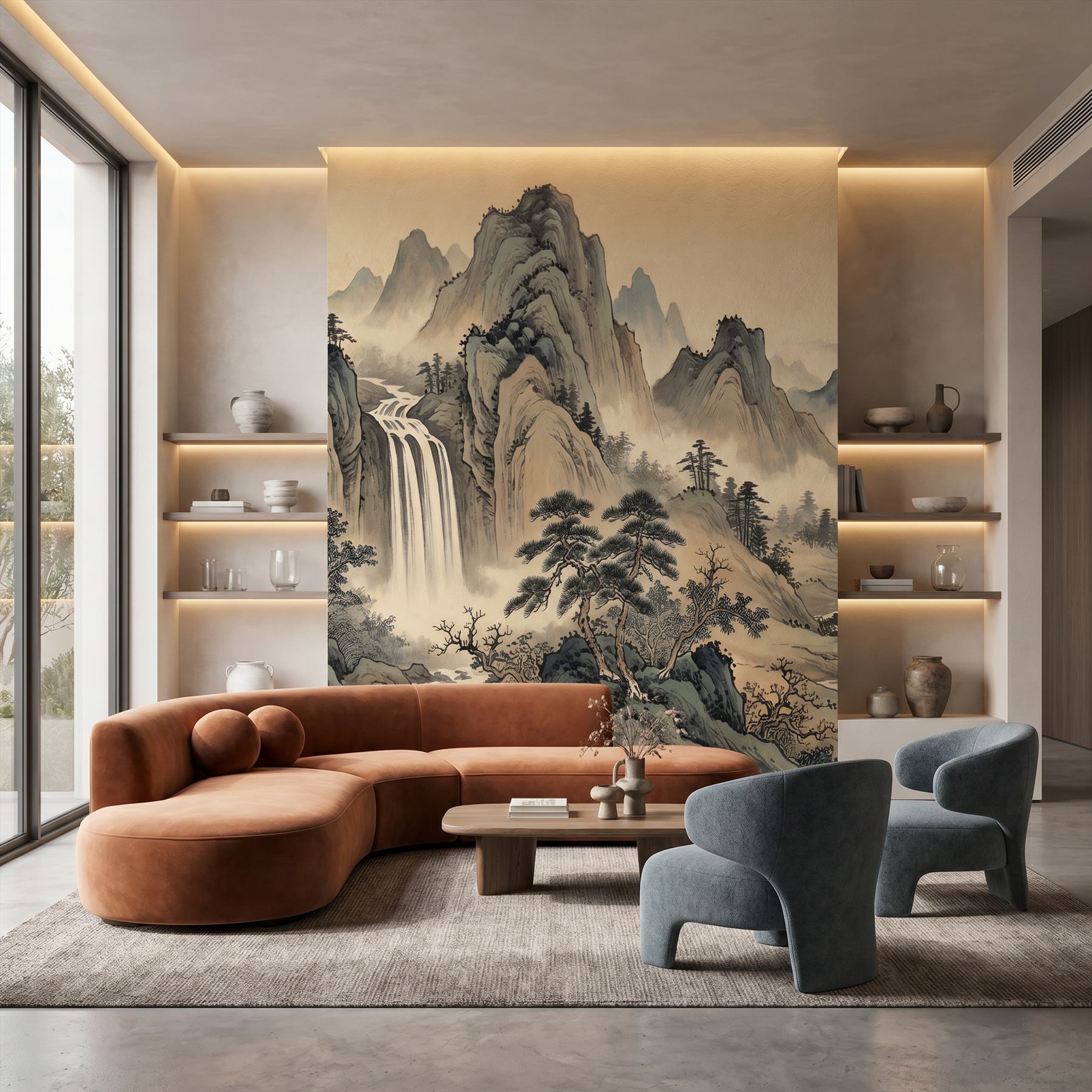 Oriental-Ink-Landscape Commercial-Interiors Warm-Earth-Tones - Luxury-Living-Room