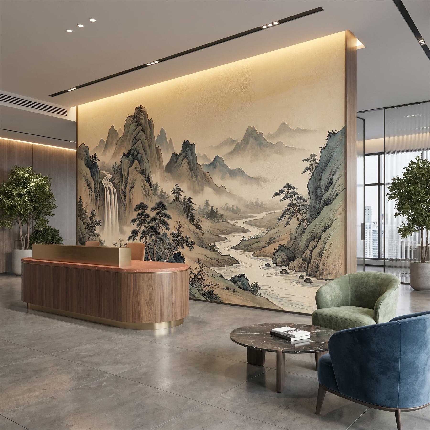 Oriental-Ink-Landscape Commercial-Interiors Warm-Earth-Tones - Double-Palace-Silk-Detail-01
