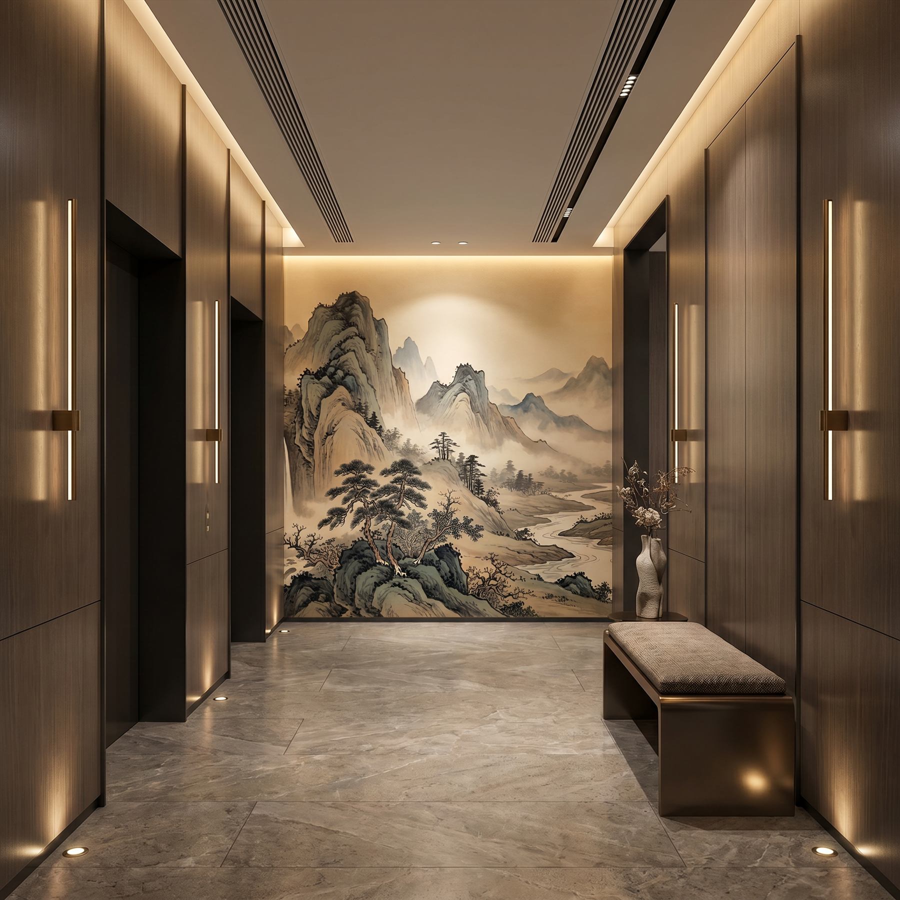 Oriental-Ink-Landscape Commercial-Interiors Warm-Earth-Tones - Hotel-Corridor