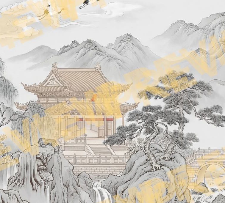 Oriental Ink Pavilion for Ethereal Mountain Sanctuary Misty Crane - Detail Crop 1