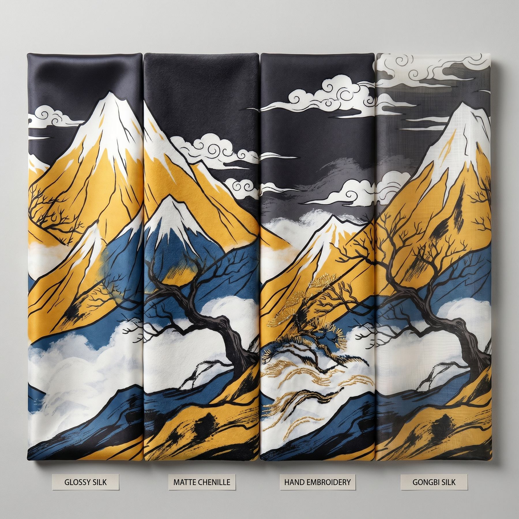 Oriental-Mountain-Mural Commercial-Space Gold-Blue-Contrast - Detail Material Comparison