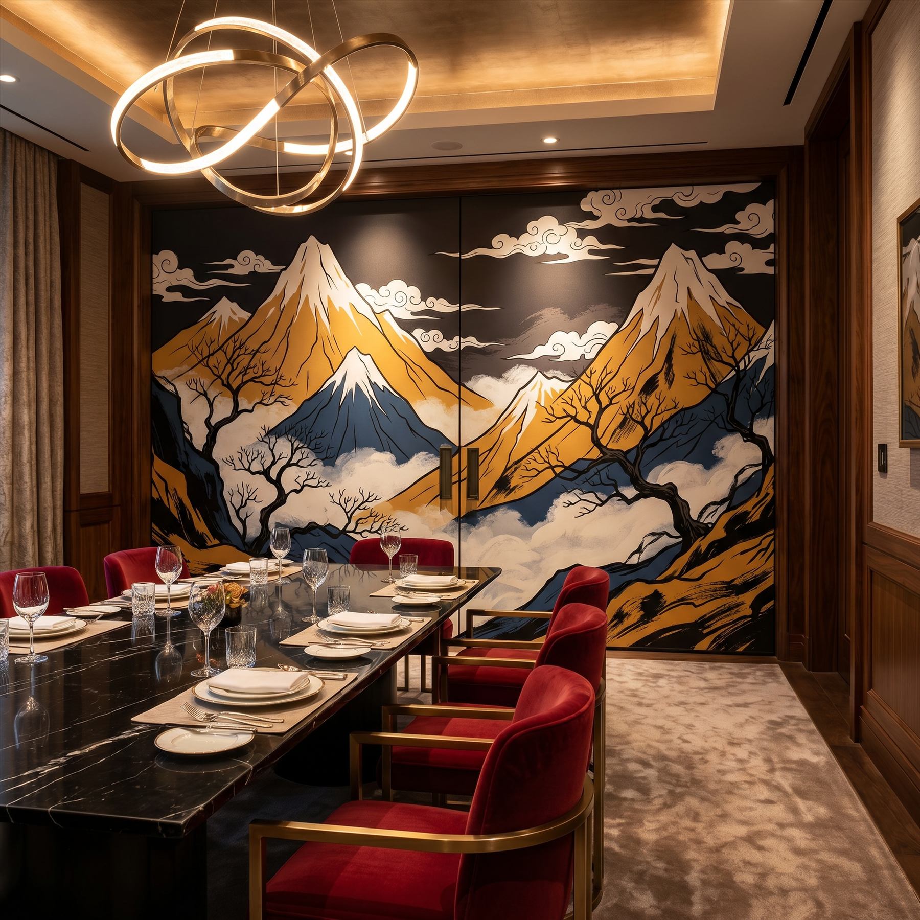 Oriental-Mountain-Mural Commercial-Space Gold-Blue-Contrast - Restaurant Private Room