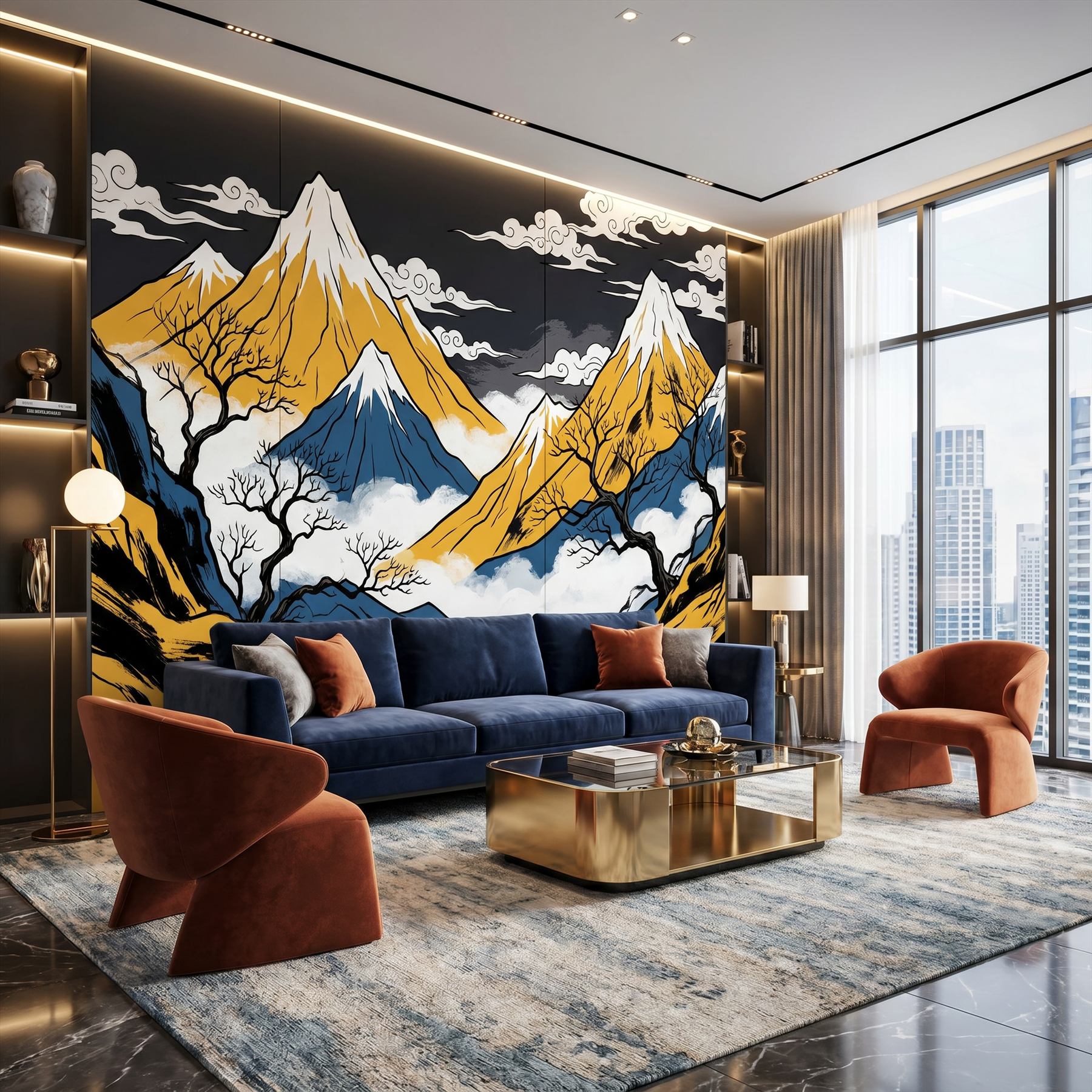 Oriental-Mountain-Mural Commercial-Space Gold-Blue-Contrast - Detail Ultra-fine Chenille 1