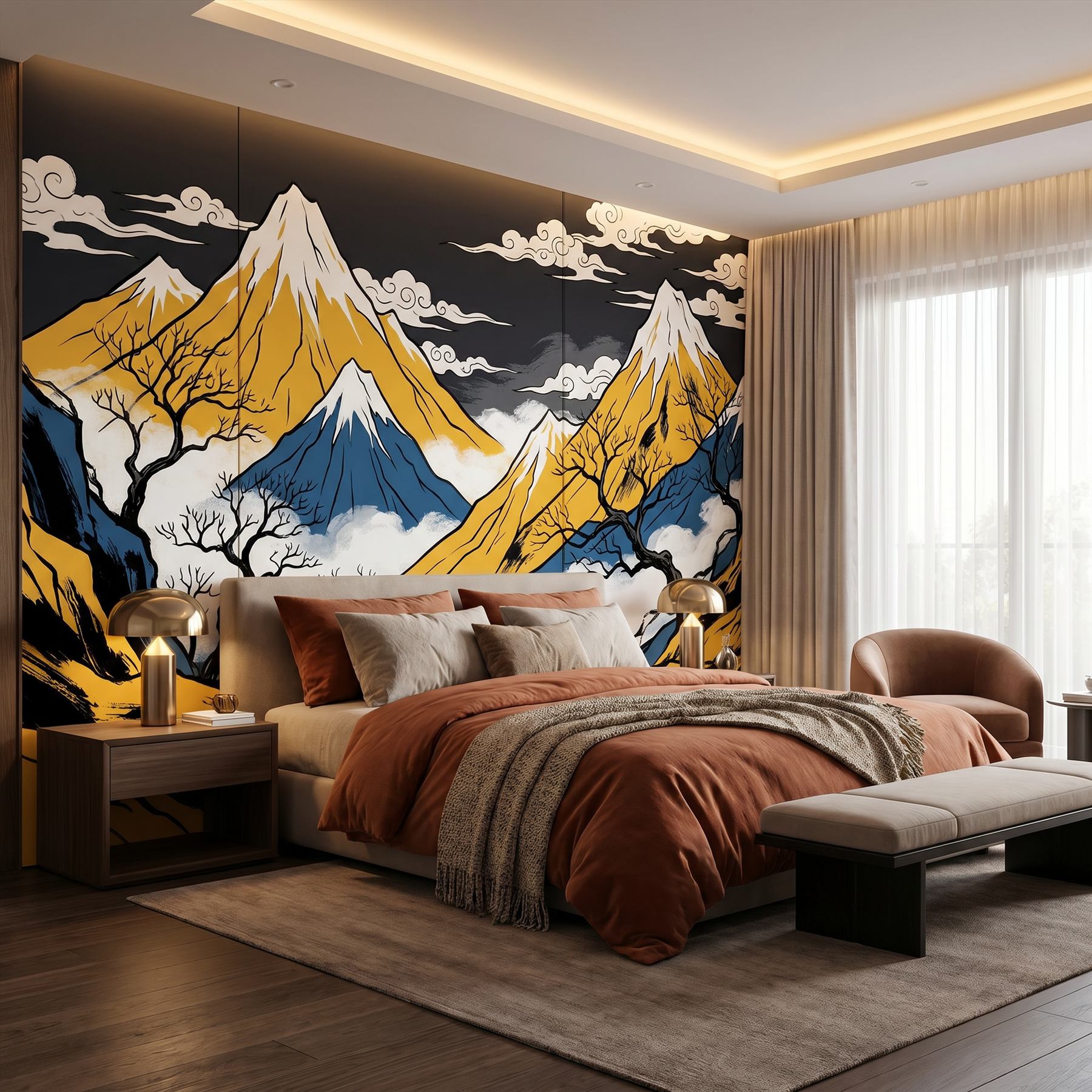 Oriental-Mountain-Mural Commercial-Space Gold-Blue-Contrast - Master Bedroom