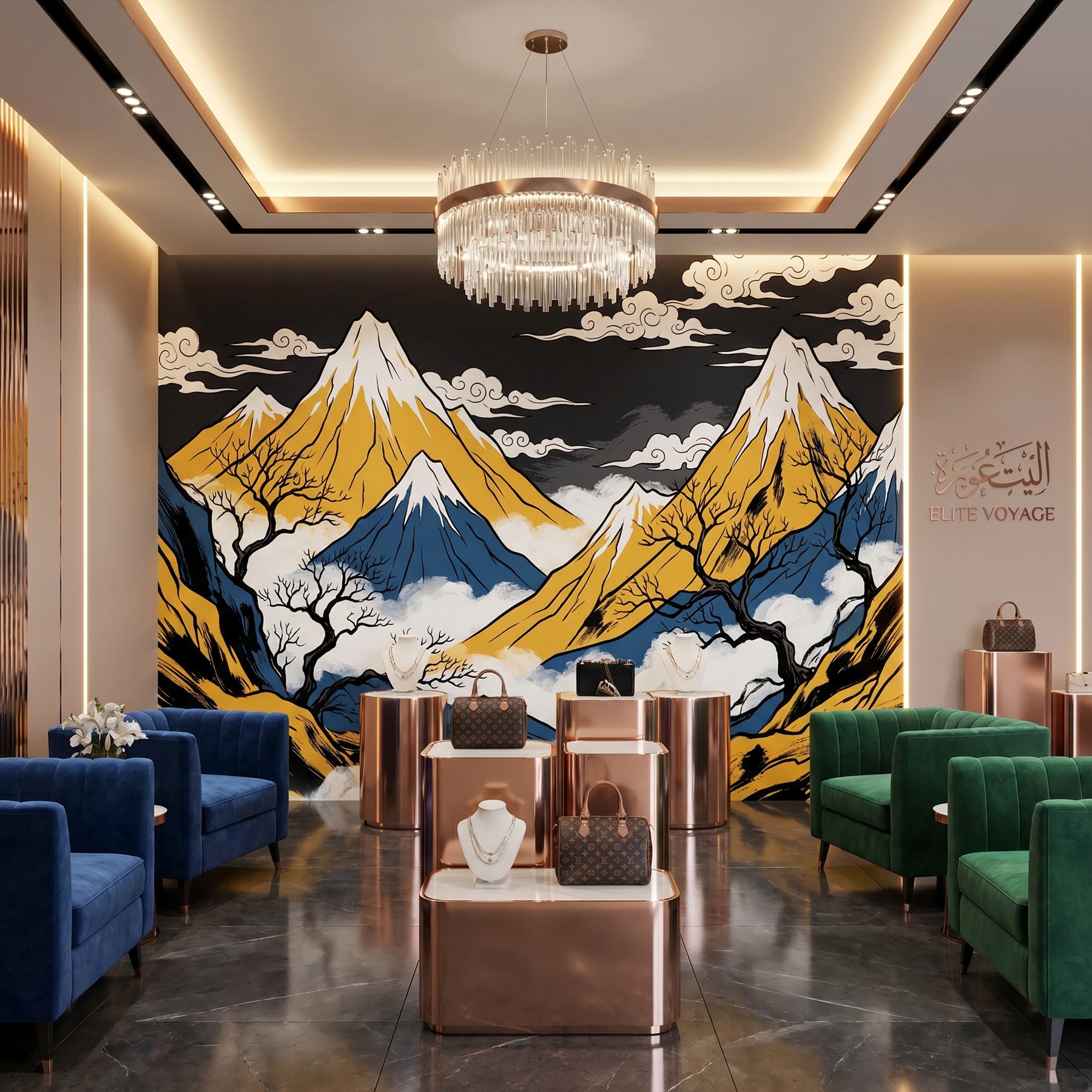 Oriental-Mountain-Mural Commercial-Space Gold-Blue-Contrast - Luxury Boutique