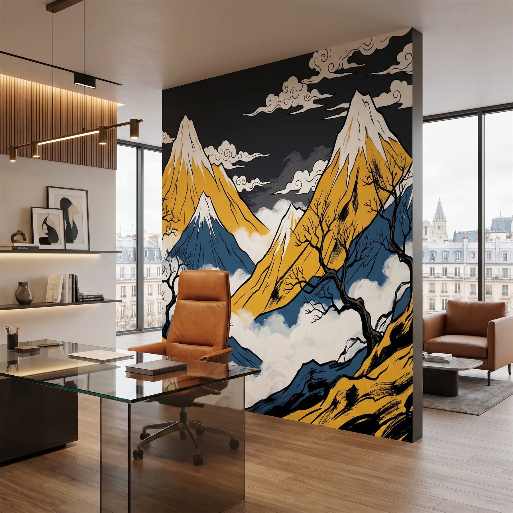 Oriental-Mountain-Mural Commercial-Space Gold-Blue-Contrast - Executive Office