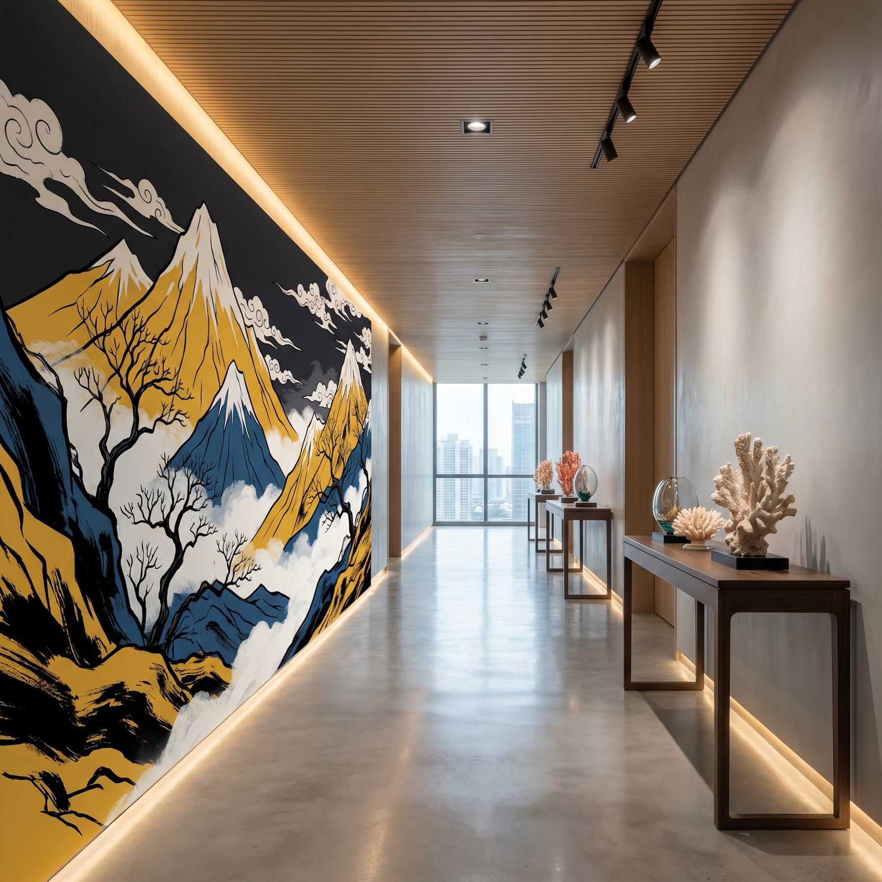 Oriental-Mountain-Mural Commercial-Space Gold-Blue-Contrast - Corridor Hallway