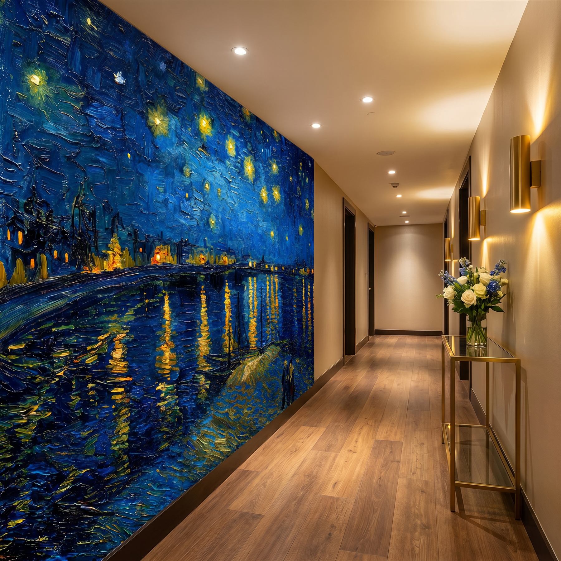 Post-Impressionist Starry Night Riverside Corridor Modern Luxury Wall Mural