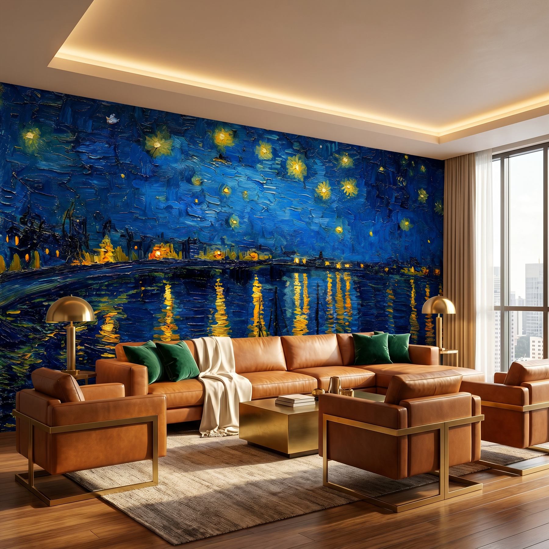 Post-Impressionist Starry Night Riverside Living Room Modern Luxury Wall Mural