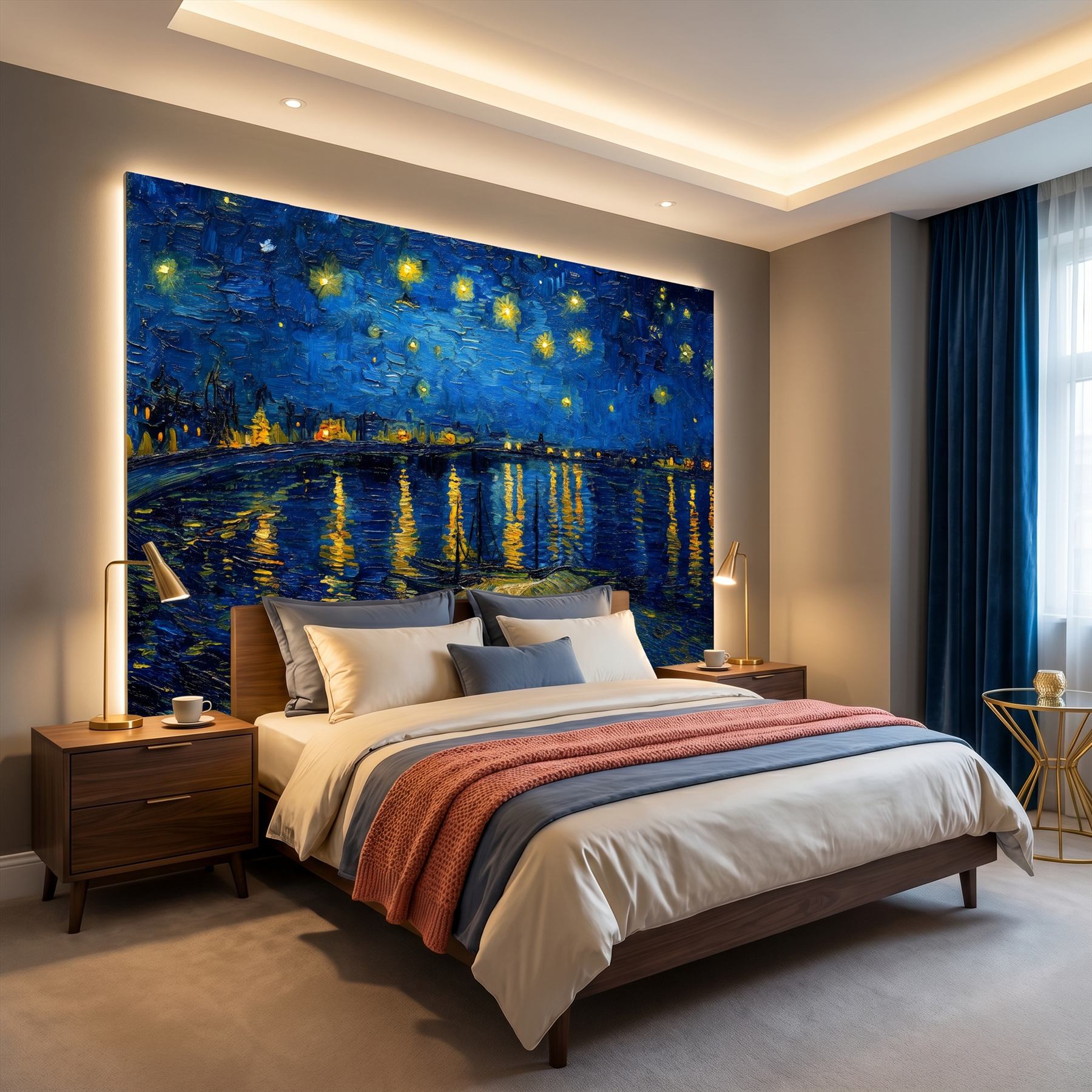 Post-Impressionist Starry Night Riverside for Urban Waterfront Deep Blue Golden Lights
