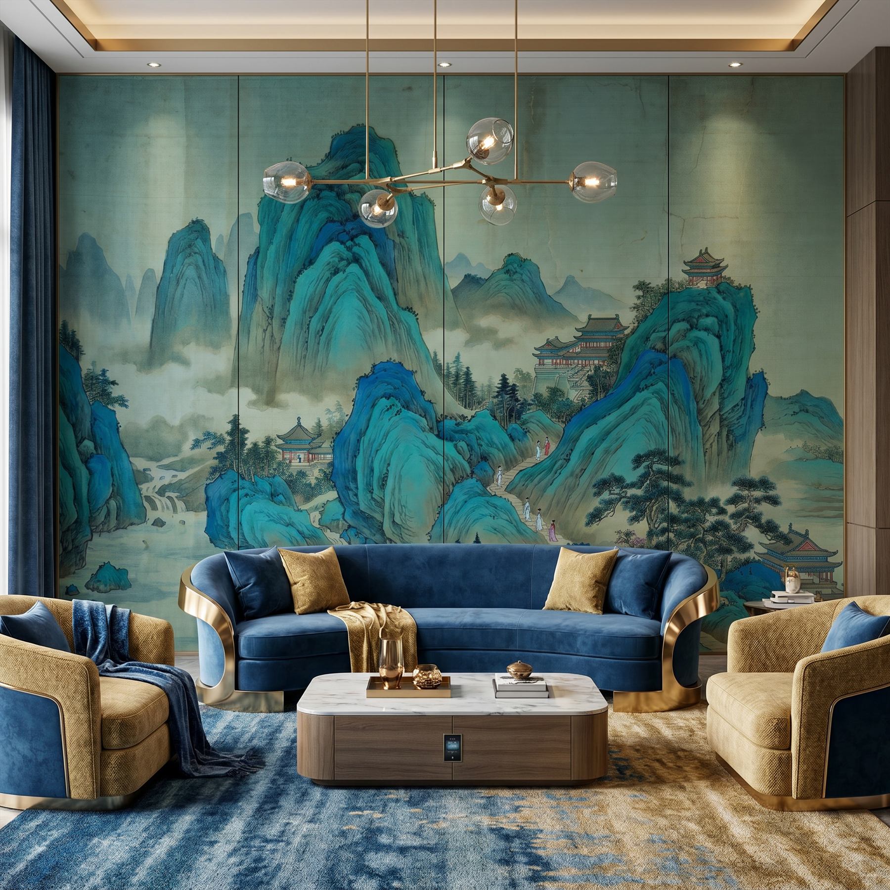Traditional-Chinese-Landscape Panoramic-Mural Cyan-Green-Ochre - 豪华酒店套房客厅 - Luxury Suite