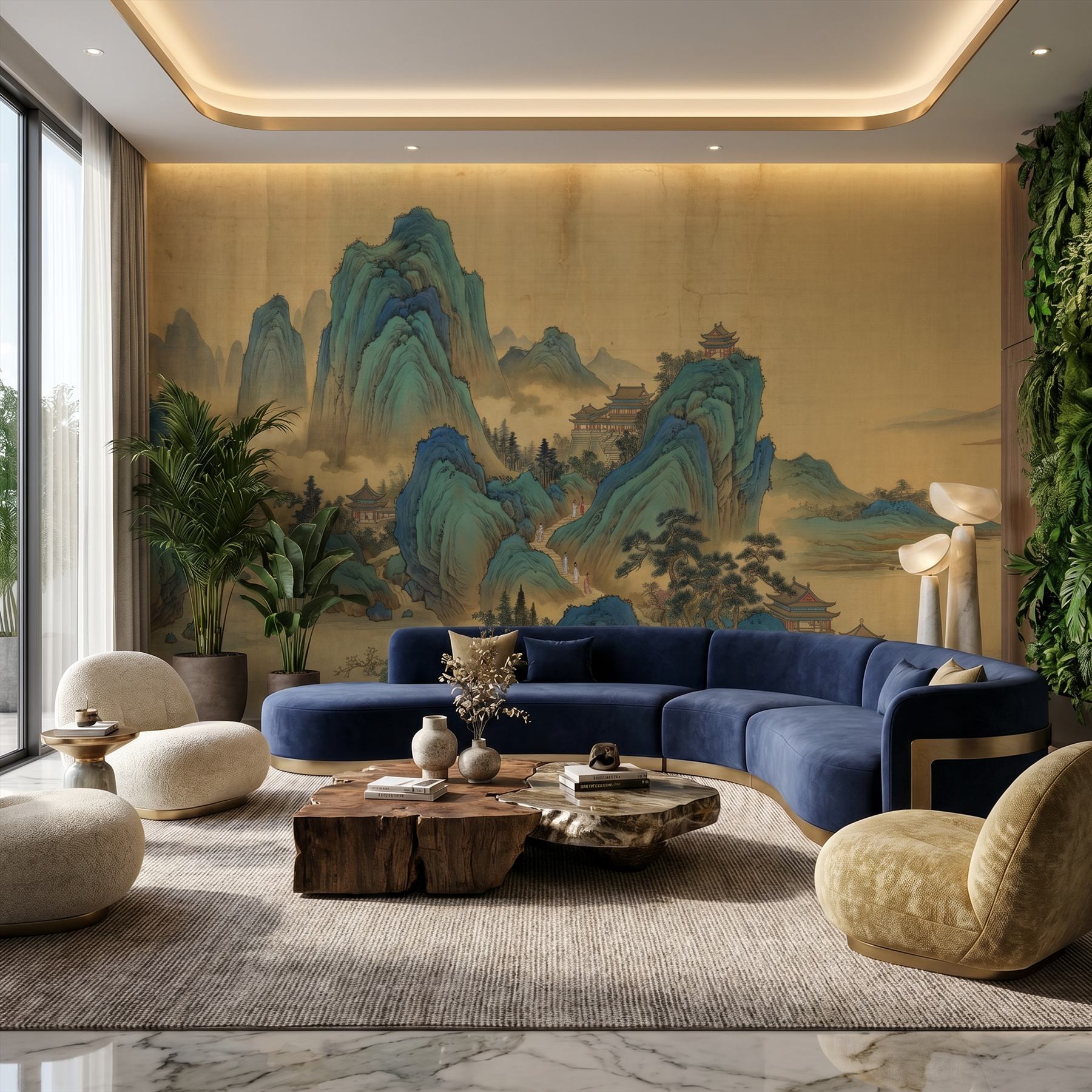 Traditional-Chinese-Landscape Panoramic-Mural Cyan-Green-Ochre - 高级酒店客厅 - Modern Luxury