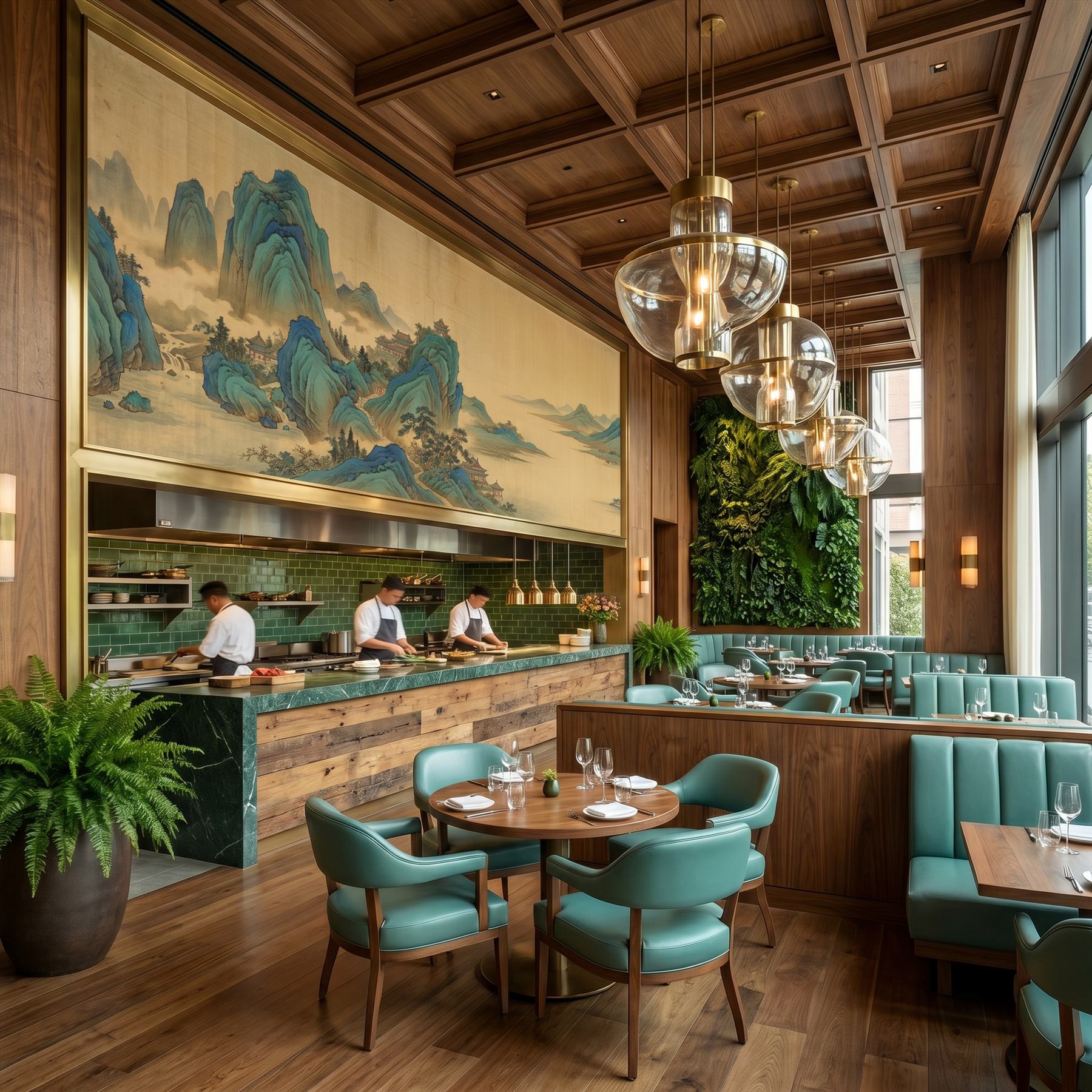 Traditional-Chinese-Landscape Panoramic-Mural Cyan-Green-Ochre - 高级餐厅主厅 - Fine Dining Hall