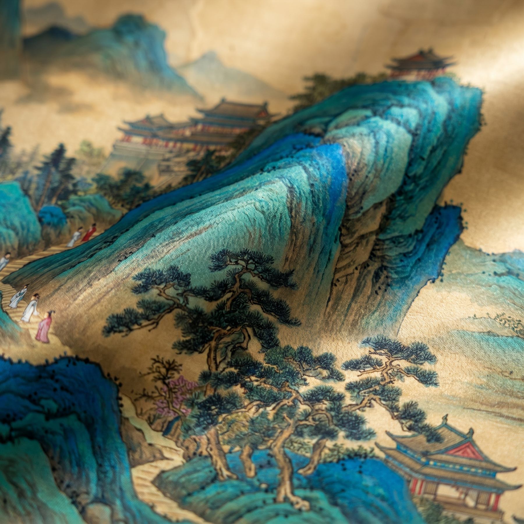 Traditional-Chinese-Landscape Panoramic-Mural Cyan-Green-Ochre - Detail - 超细纹工笔双宫打印实拍2