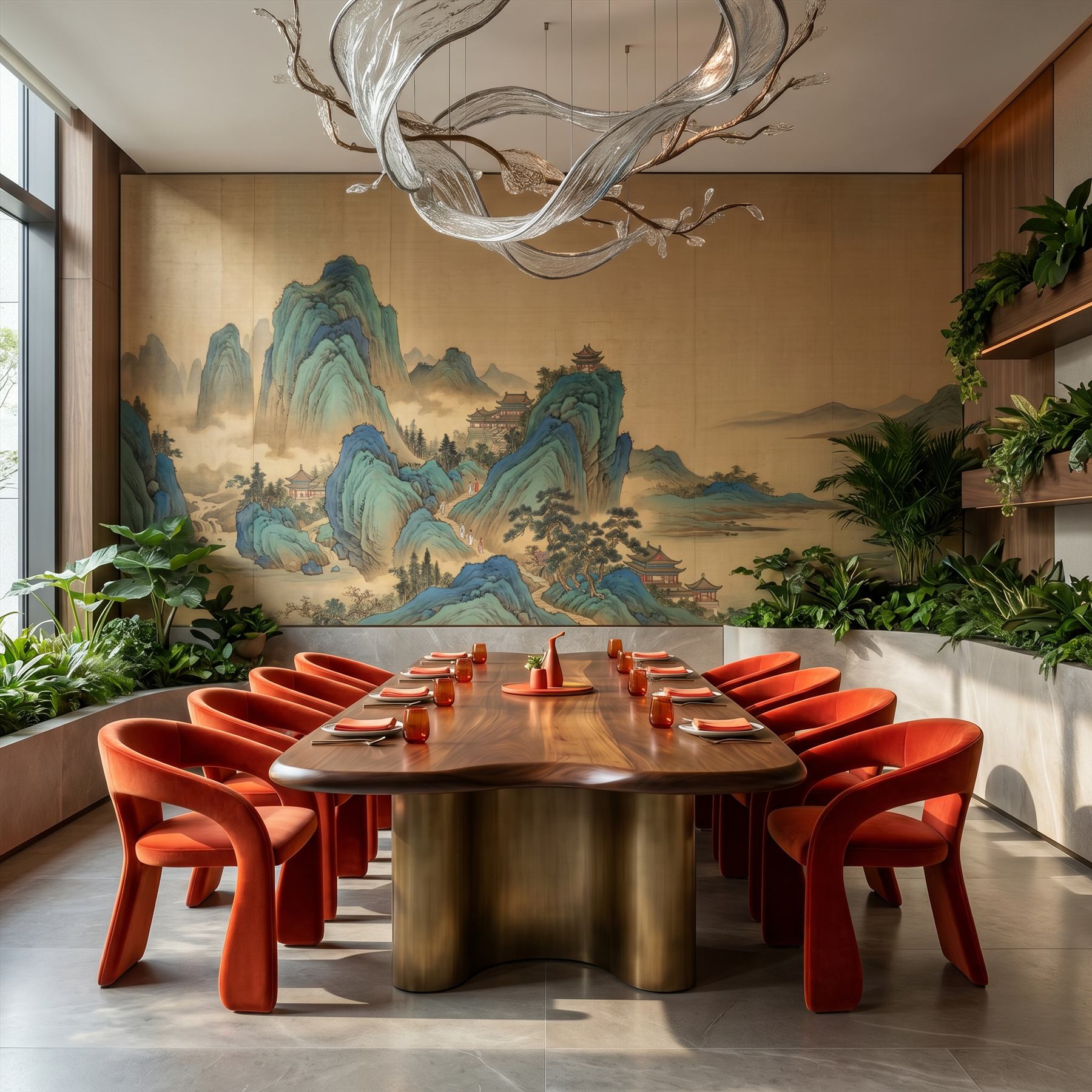 Traditional-Chinese-Landscape Panoramic-Mural Cyan-Green-Ochre - 精品餐厅包间 - Contemporary Dining